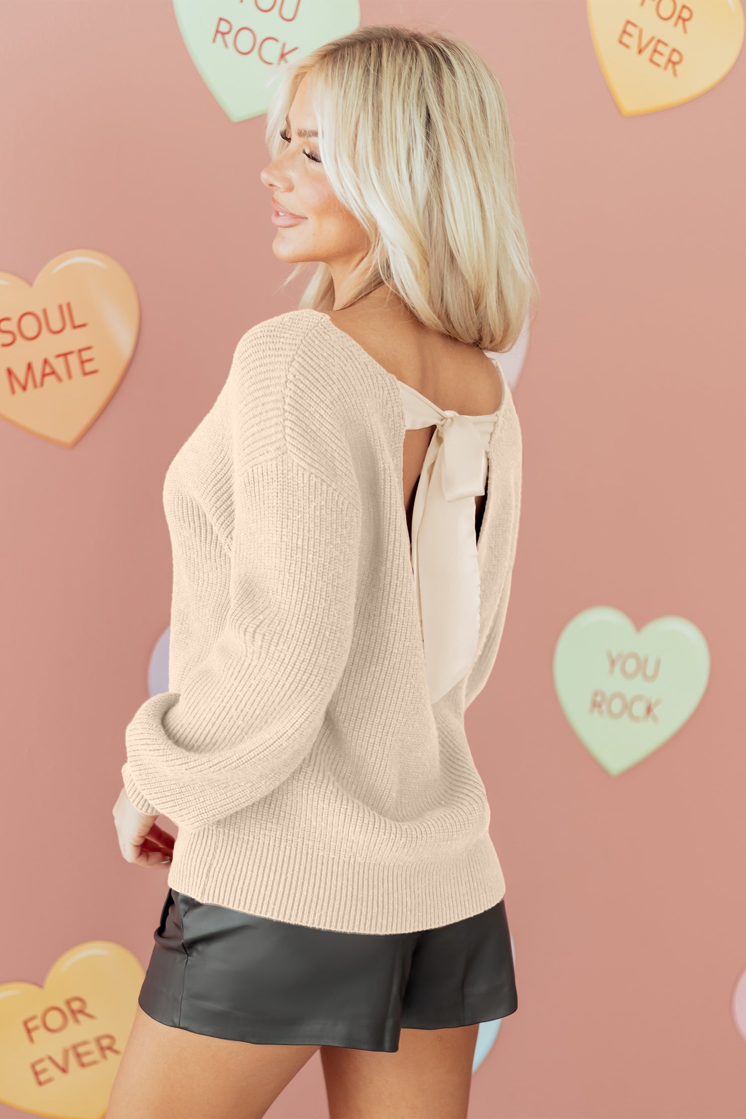 Rib Knit Ribbon Knot Backless Drop Shoulder Sweater - eAura