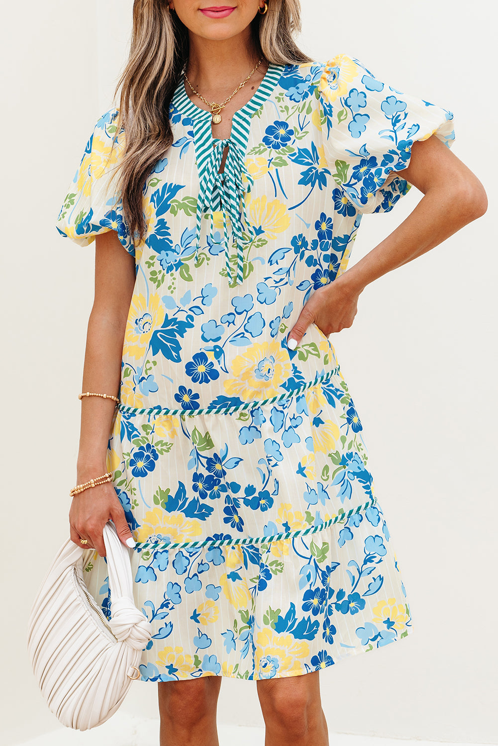 Blue Floral Striped Trim Puff Short Sleeve Dress eAura