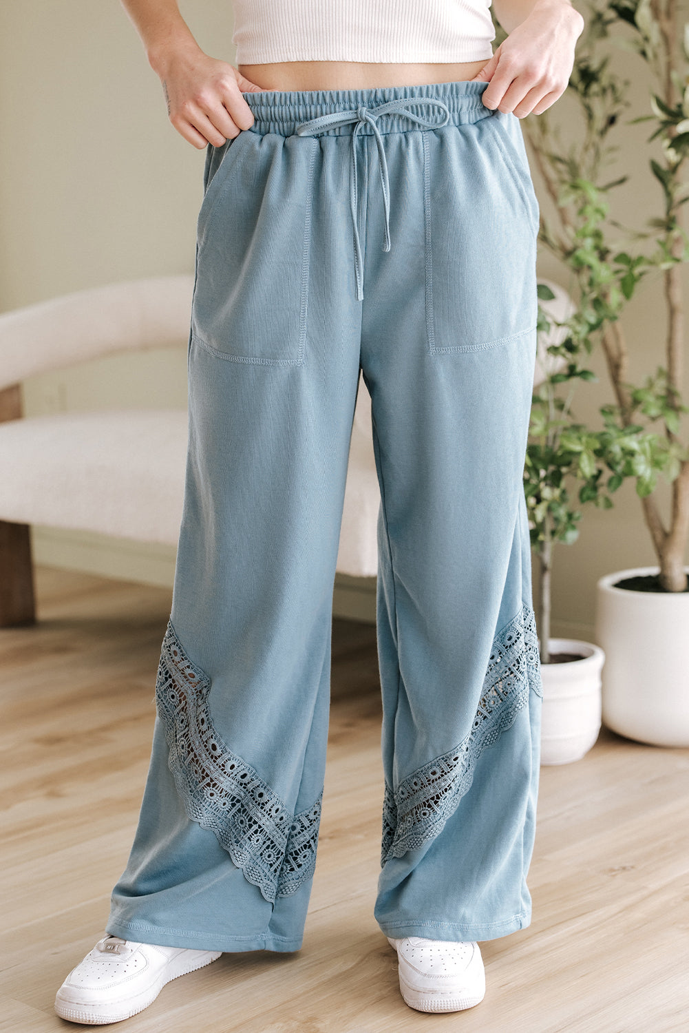 Dusk Blue Lace Crochet Patched Lace-up High Waist Wide Leg Trousers BB Fashion Outlet