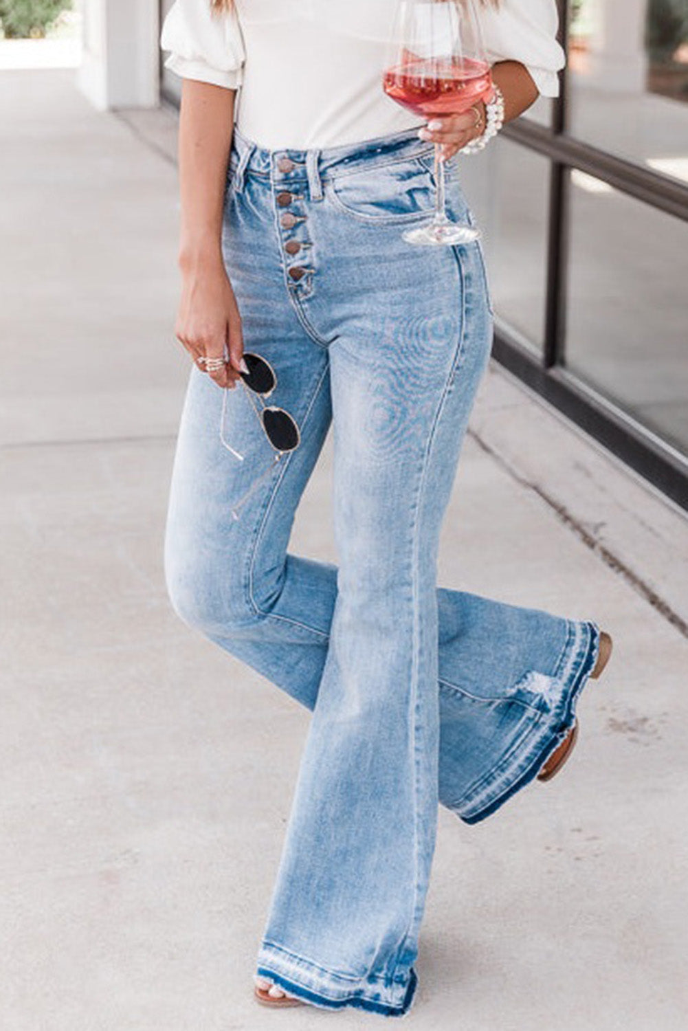 Sky Blue High Waist Buttoned Distressed Flared Jeans Beagle Boutique Fashion Outlet