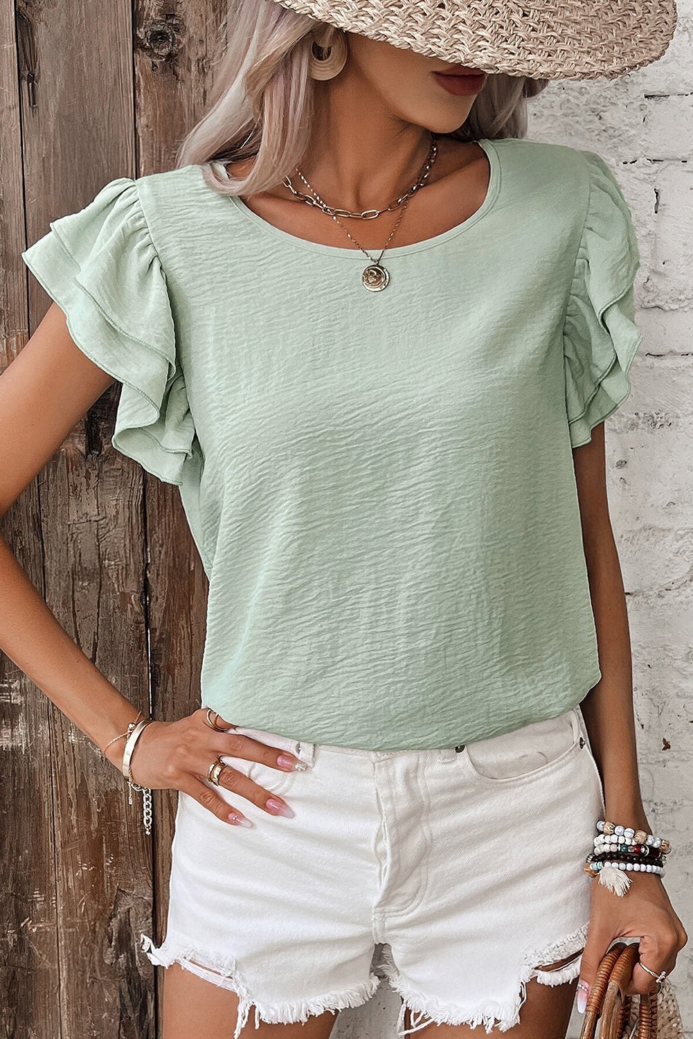 Clearly Aqua Solid Colour Ruffled Short Sleeve Casual Blouse eAura