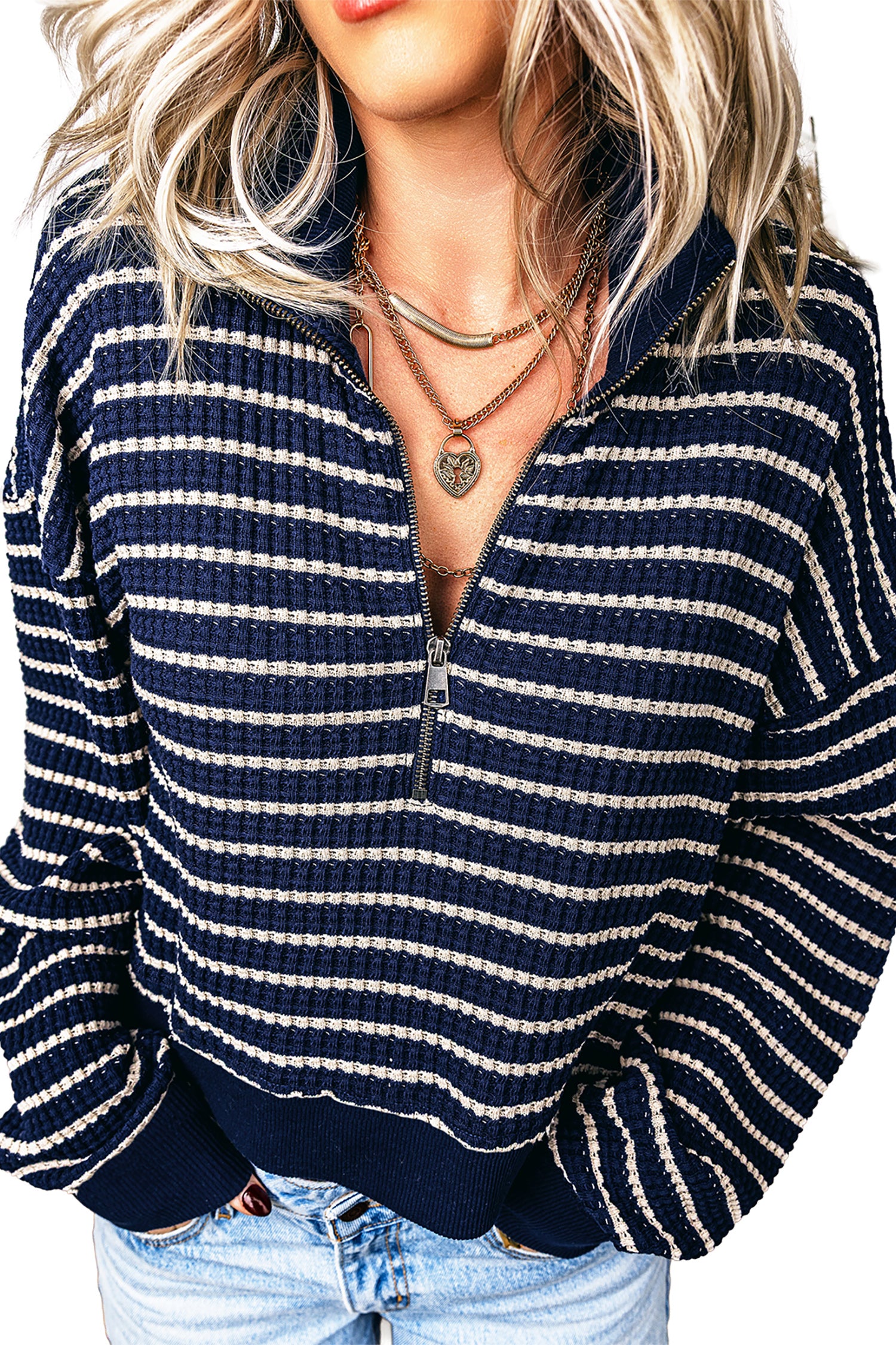 Textured Knit Half Zip Collared Long Sleeve Top – Blue Stripe