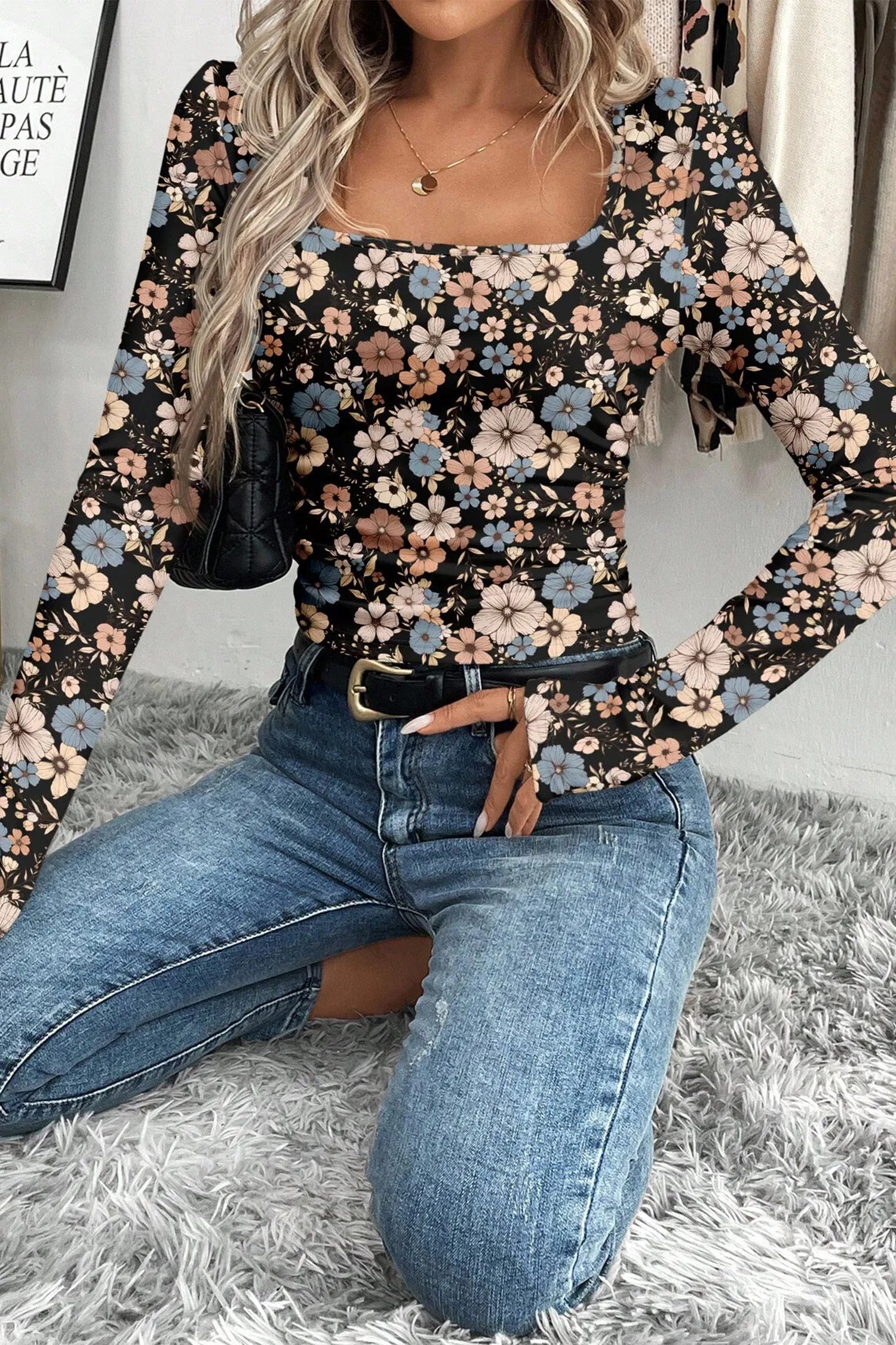 Print Slim Long Sleeve Top - Tops/Long Tops