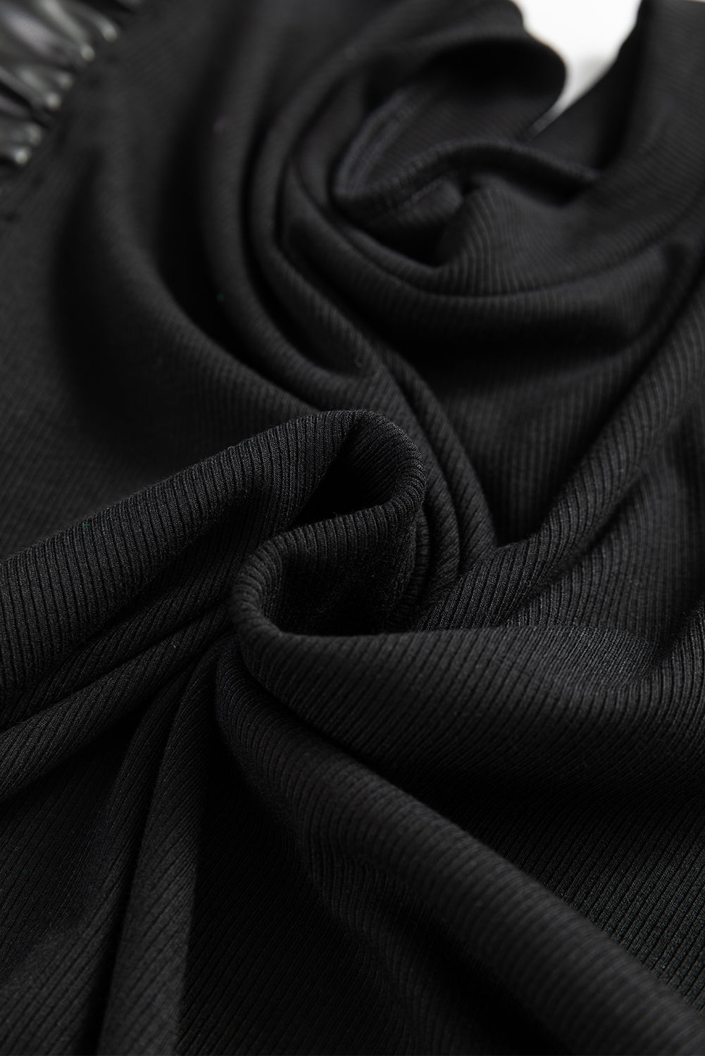 Black Leather Ruffle Sleeve Patchwork Round Neck Blouse eAura