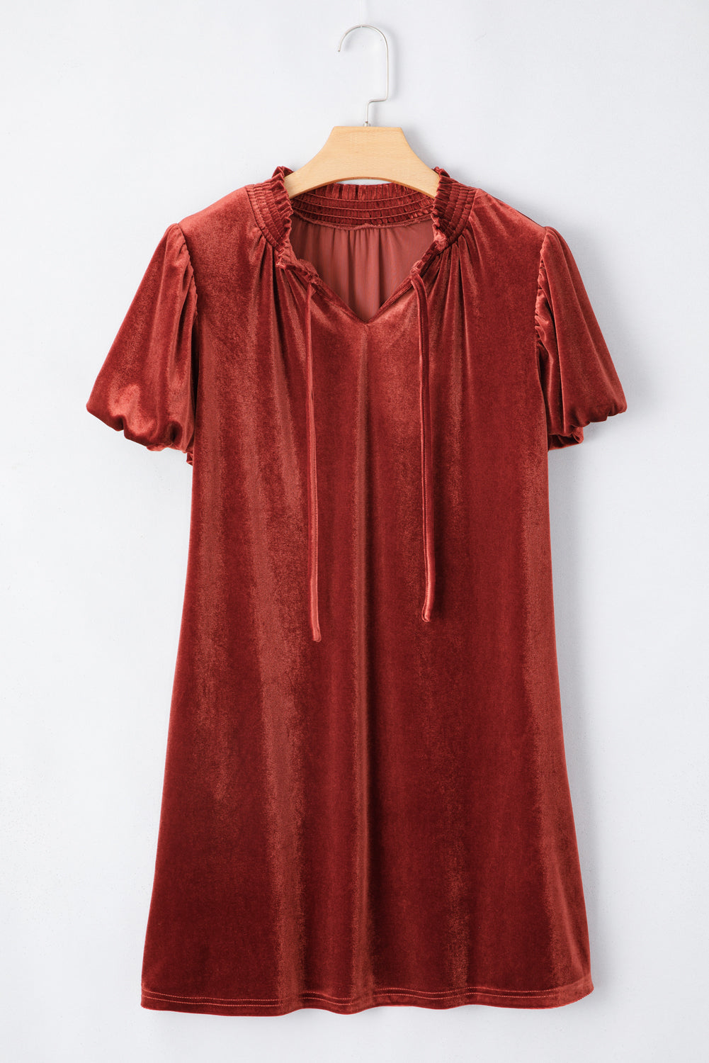 Cinnamon Velvet Smocked Neckline Puff Sleeve Shift Mini Dress eAura