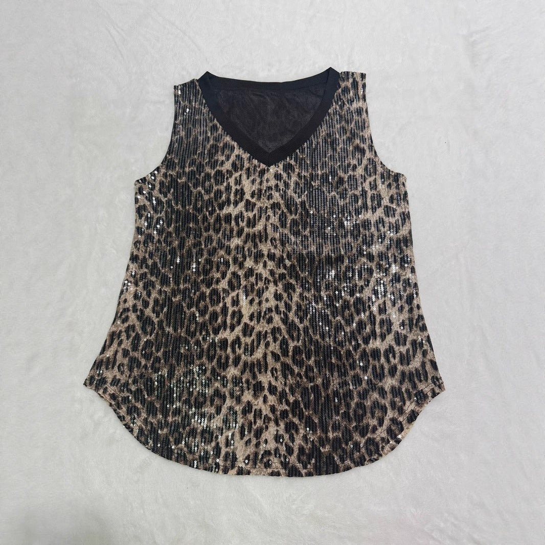 Sequinned Sleeveless Top Leopard Print eprolo