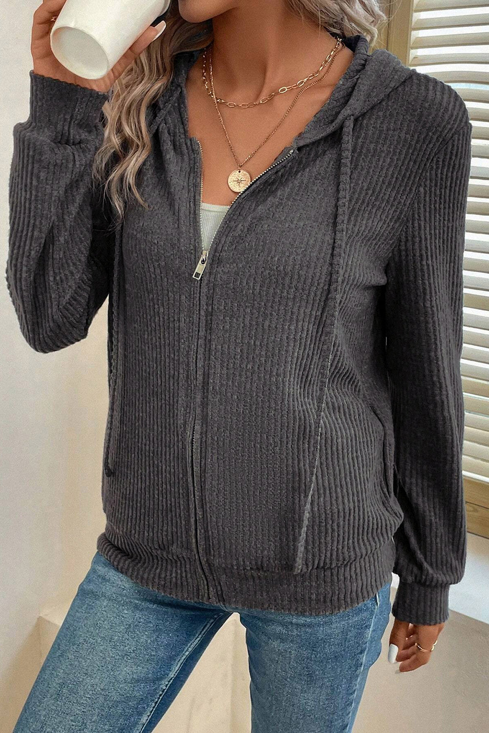Dark Grey Ribbed Zip Up Front Drawstring Hoodie Beagle Boutique Fashion Outlet