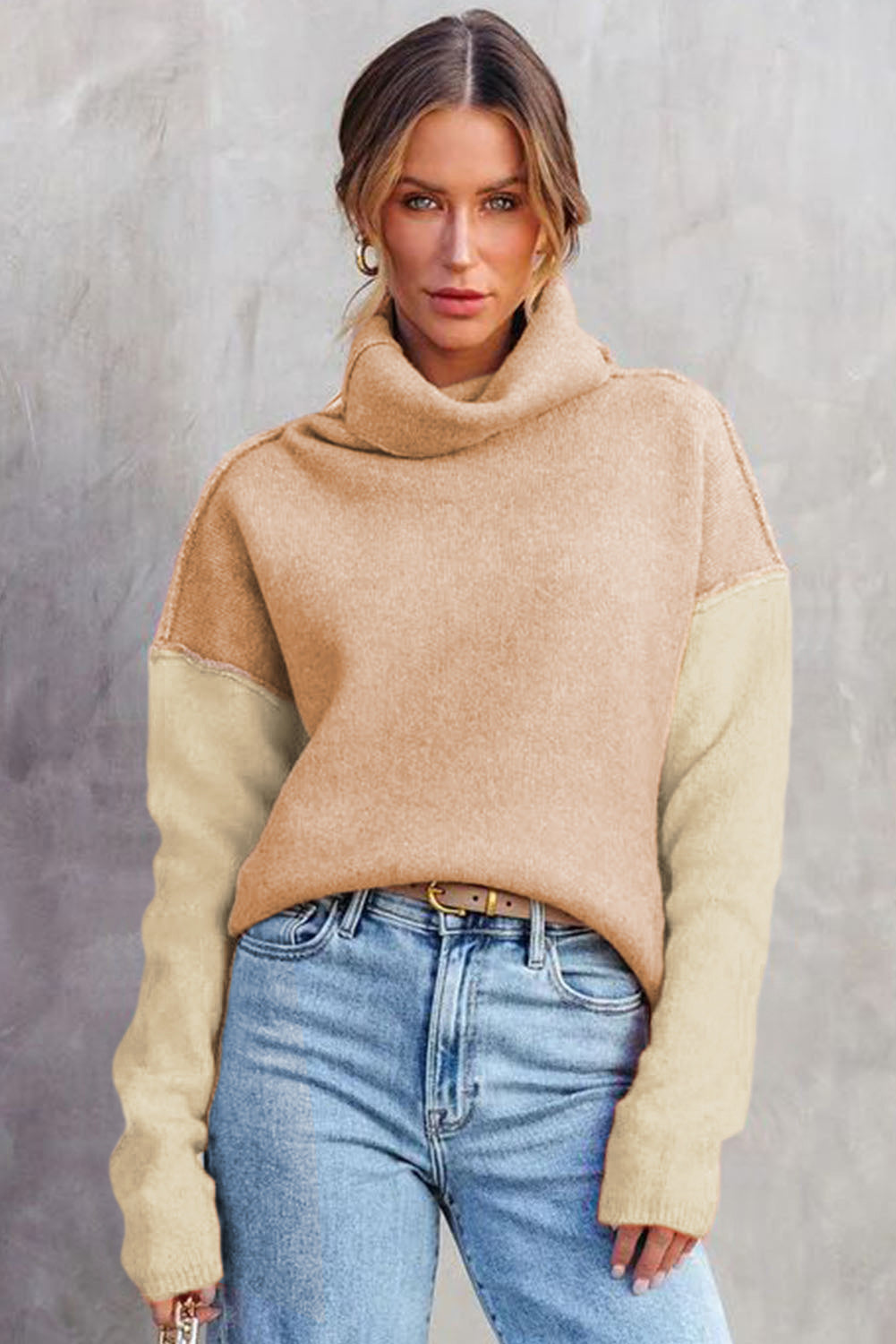 Colour Block Turtle Neck Drop Shoulder Knit Sweater Dear-Lover Dropshipping