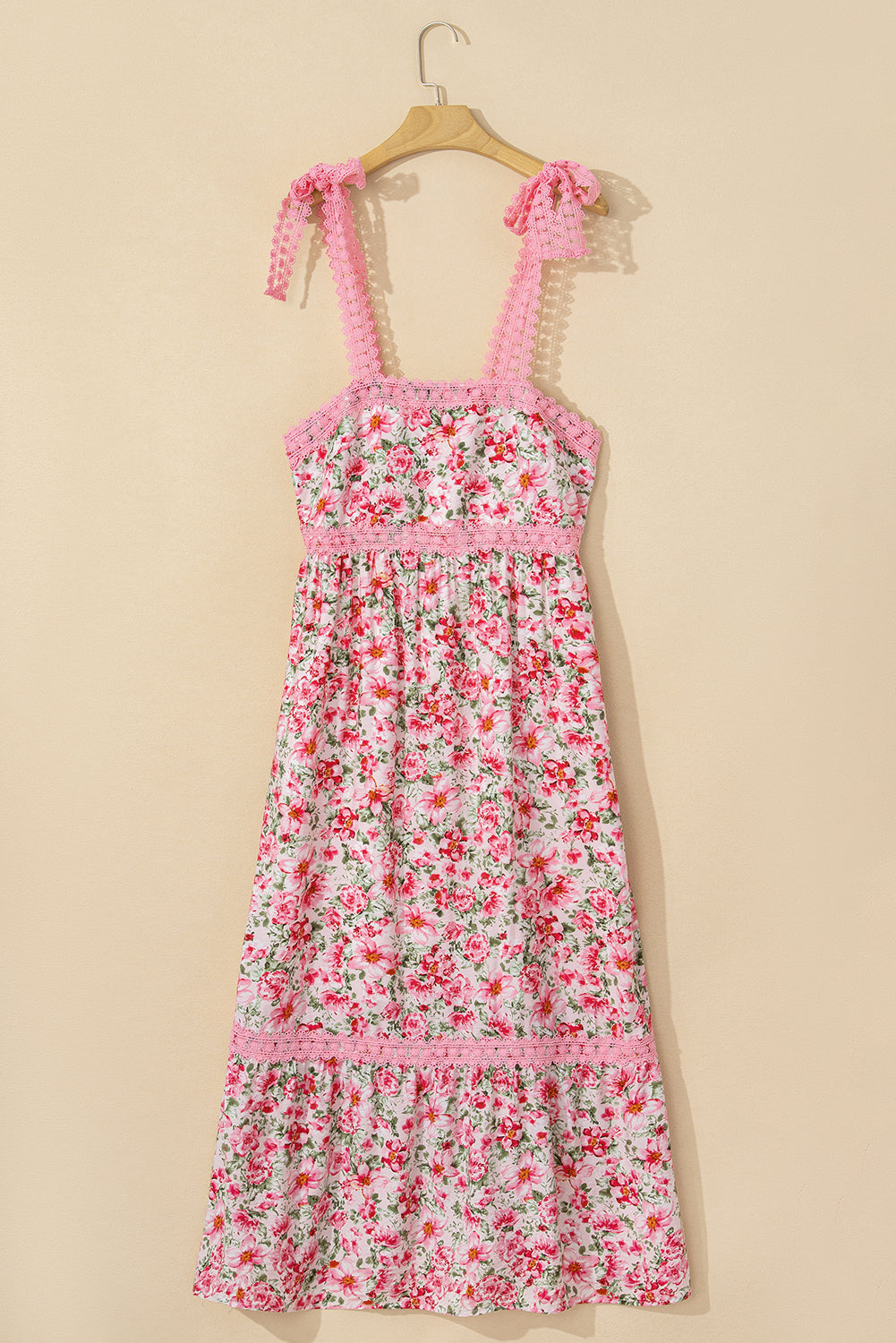 Pink Floral Lace Tied Strap Empire Waist Maxi Dress eAura