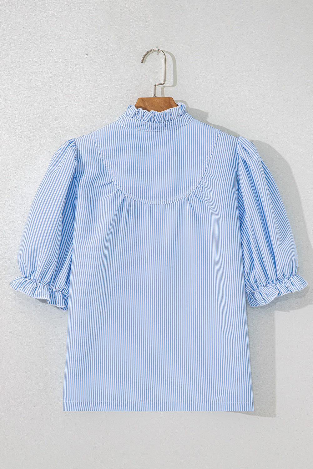 Blue Stripe Ruffled Collar Puff Sleeve Half Buttons Blouse eAura
