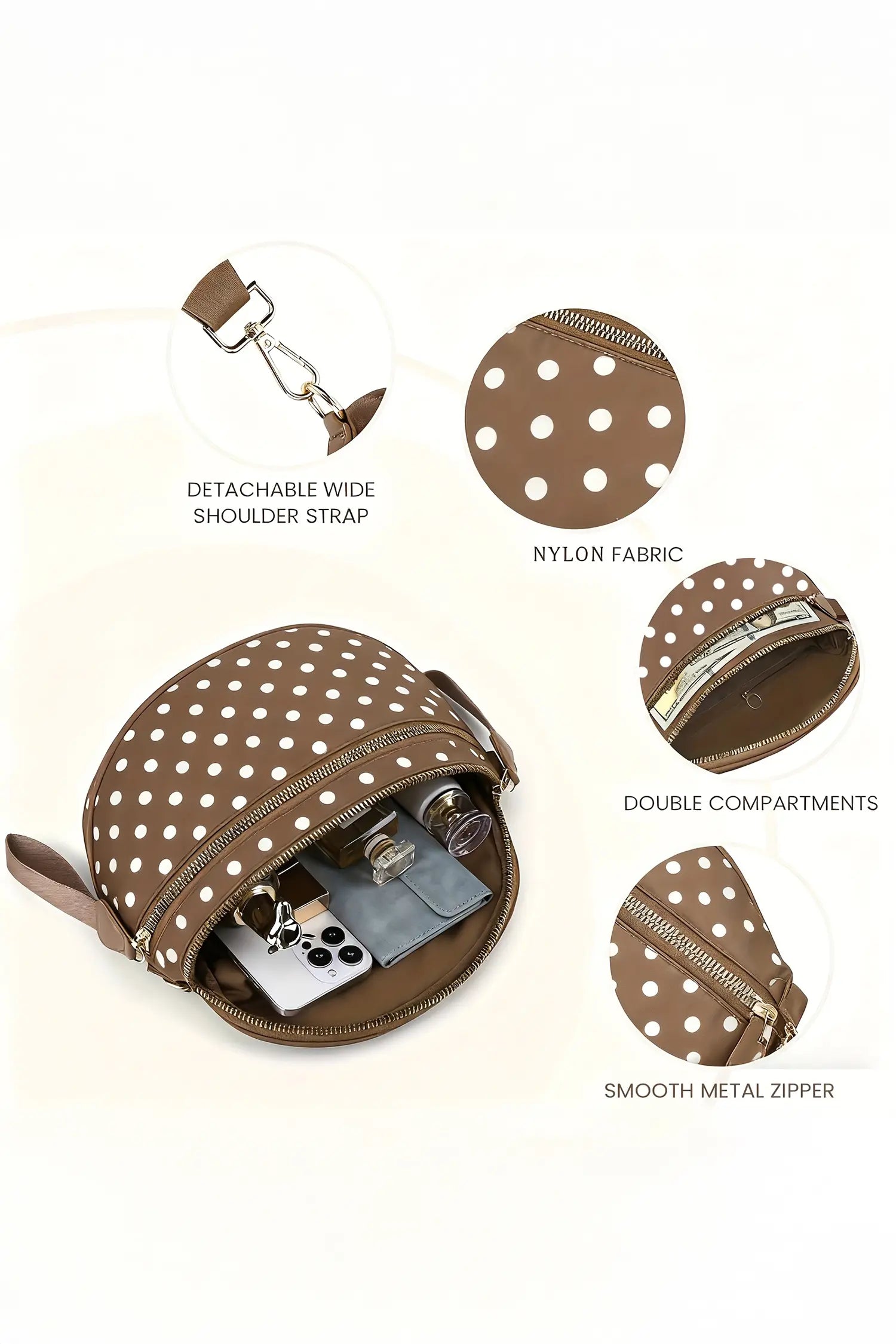 Camel Polka Dot Print Double Zip Fashion Crossbody Bag