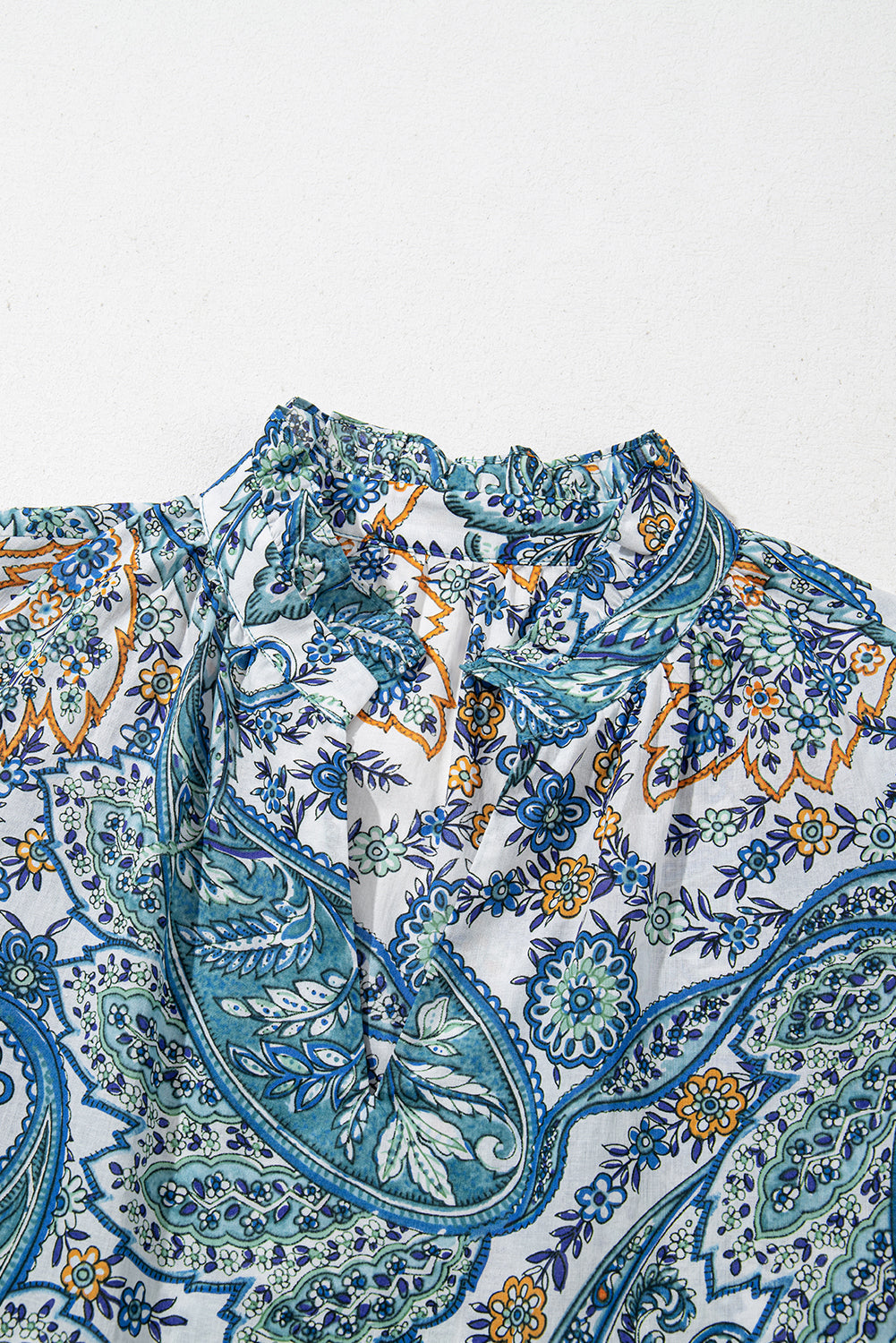 Blue Bohemian Paisley Floral V Neck Short Sleeve Mini Dress eAura