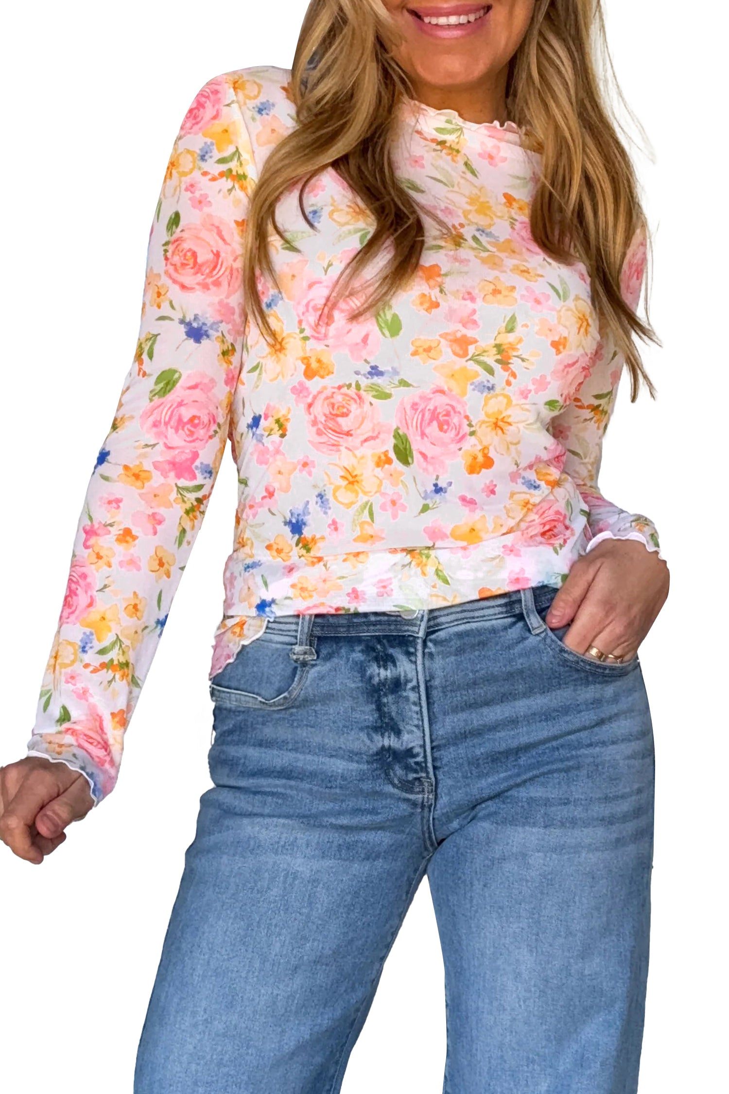 Lettuce Trim Floral Print Sheer Mesh Long Sleeve Top – White