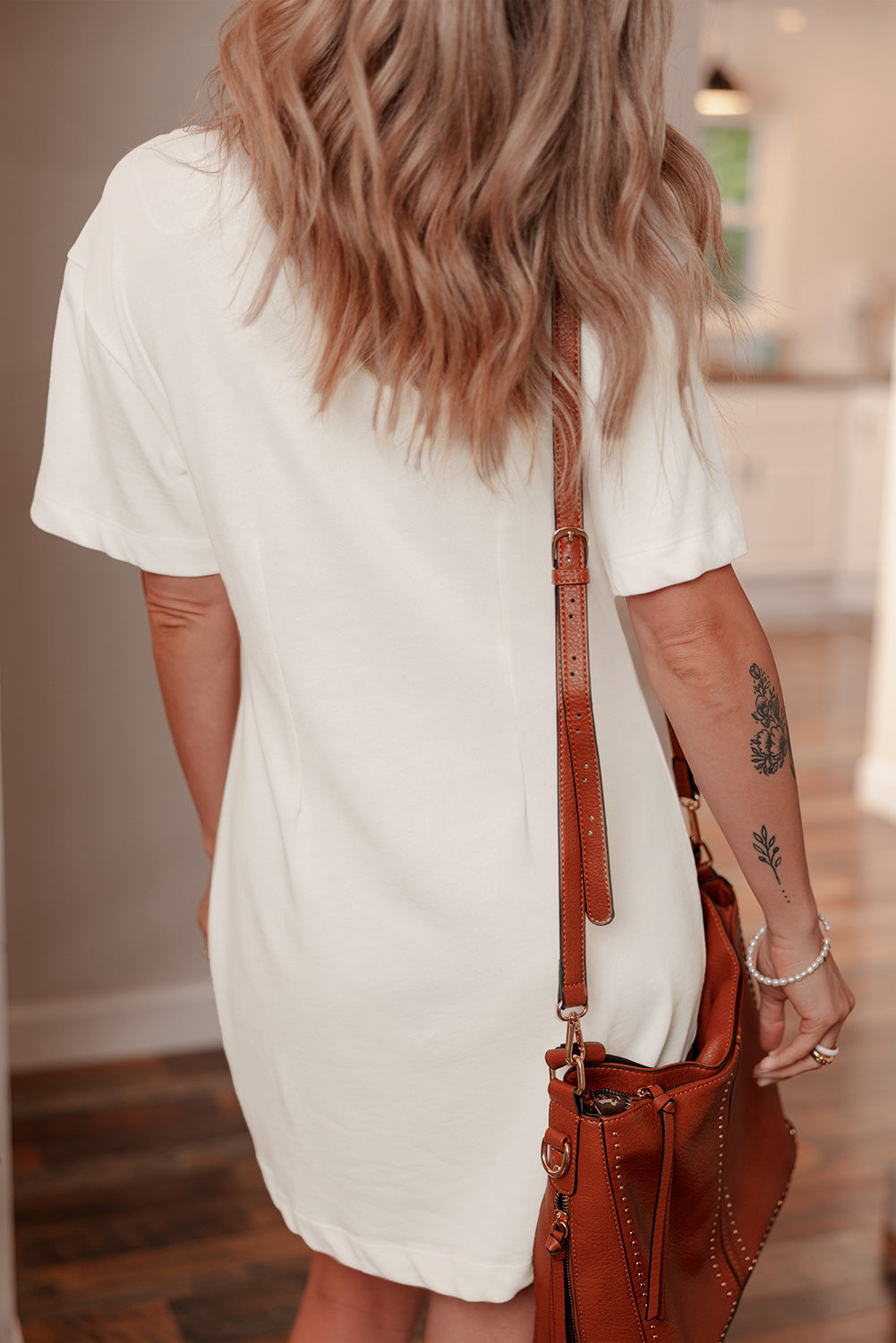 White Drop Shoulder Crew Neck Shift T Shirt Dress eAura
