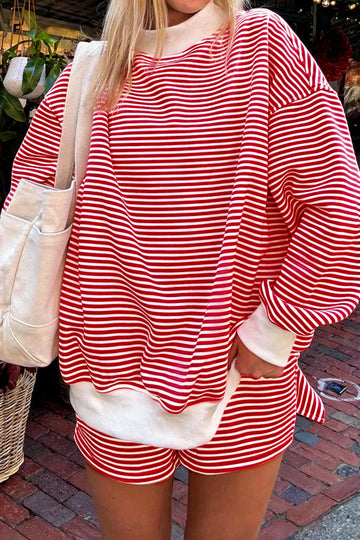 Oversize Mock Neck Sweatshirt and Shorts Set – Red Stripe
