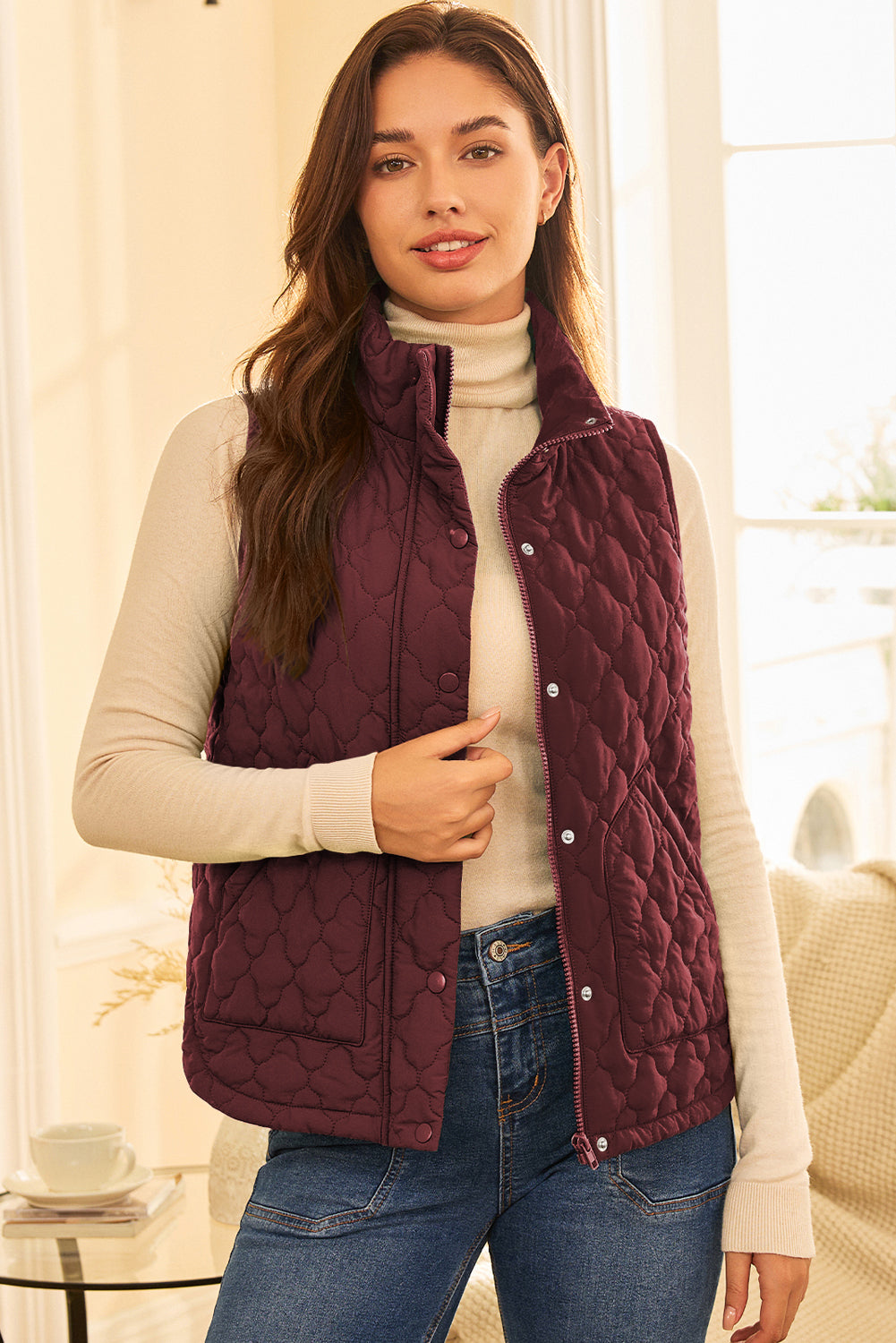 Flower Shape Quilted Snap Button Zip Up Winter Vest Vest - eAura