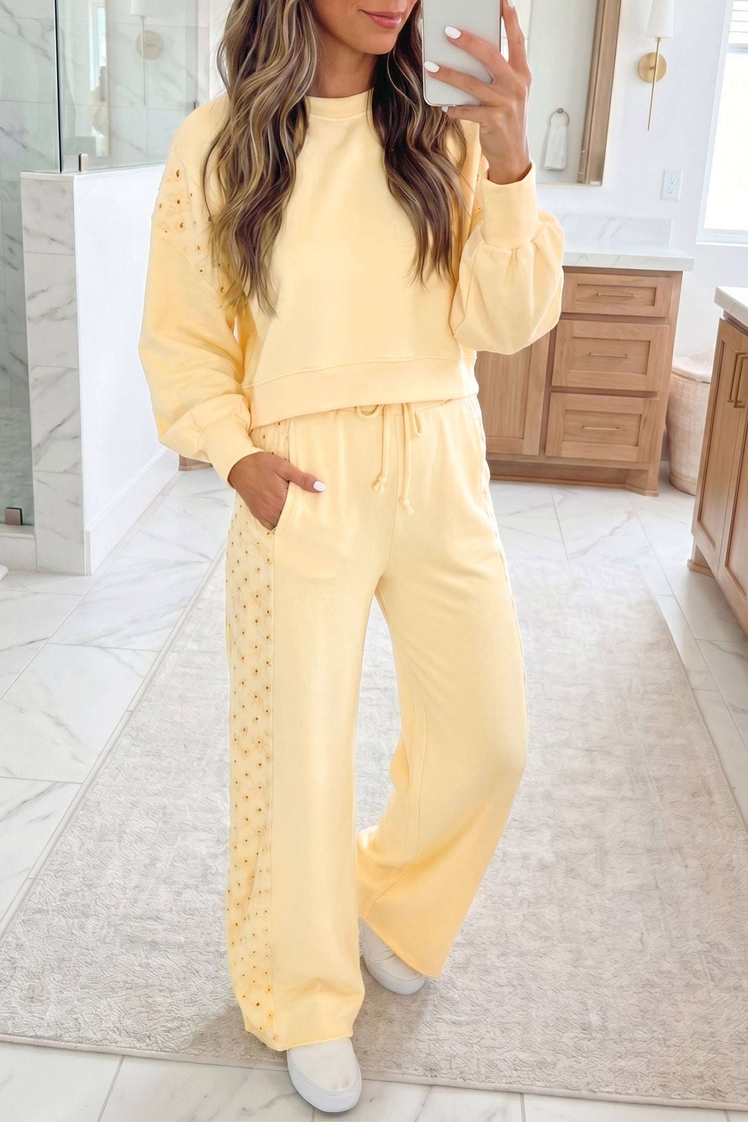 Eyelet Embroidered Lace Patchwork Cropped Pullover Drawstring Pants Set – Yellow Cream