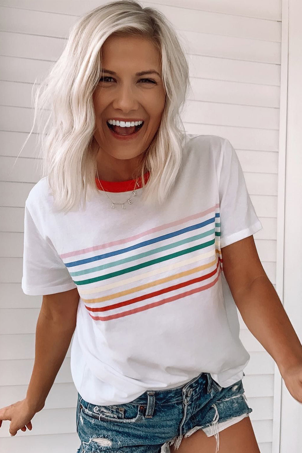 White Rainbow Stripe Print Contrast Crewneck T Shirt eAura