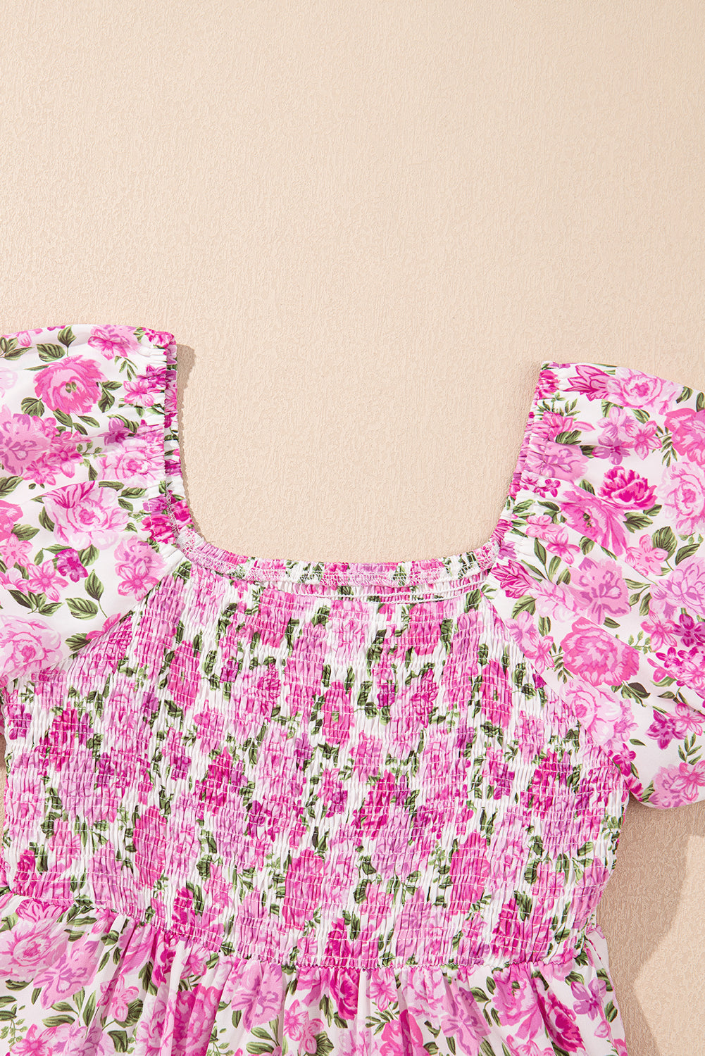 Pink Dainty Floral Smocked Puff Sleeve Flowy Long Dress eAura