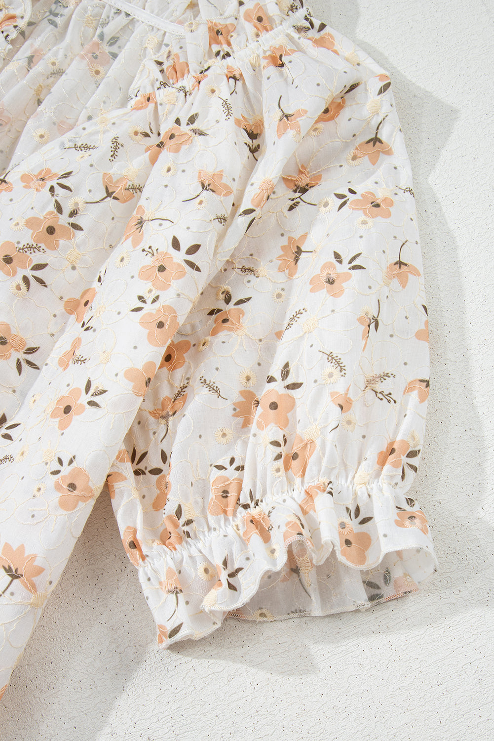 White Floral Eyelet Embroidered Puff Sleeve Notch V Neck Blouse - eAura