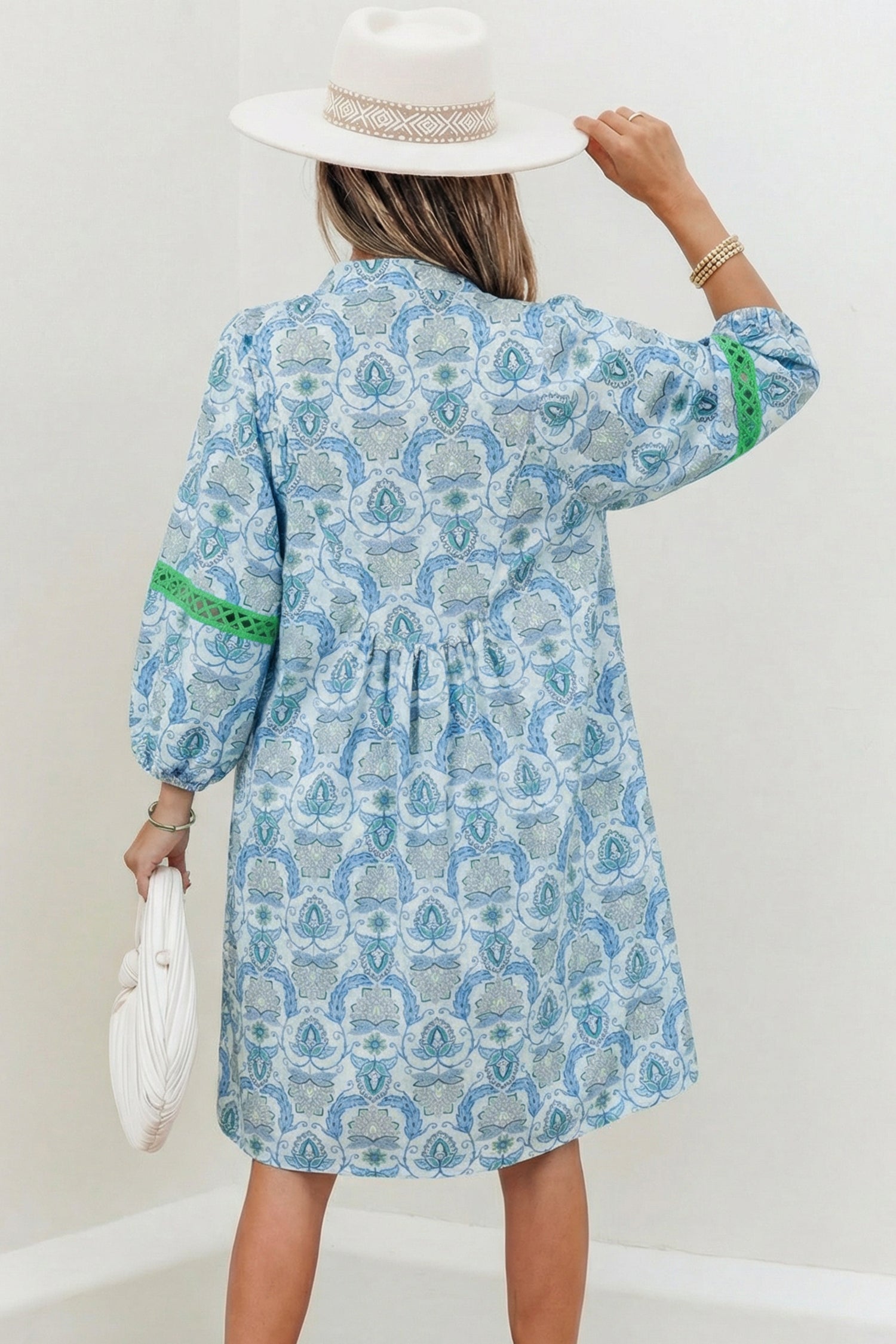 Boho Paisley Print Contrast Patchwork Detail Bracelet Sleeve Loose Mini Dress