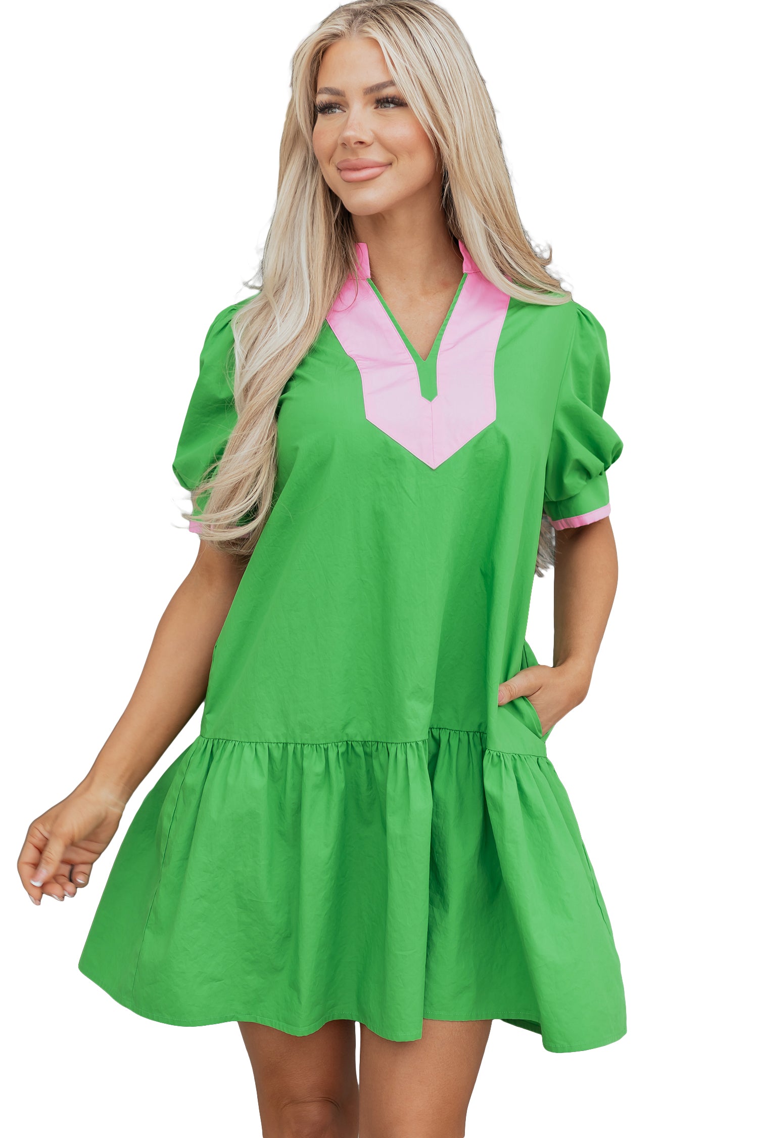 Colour Block Split Neck Puff Sleeve Ruffle Hem Mini Dress