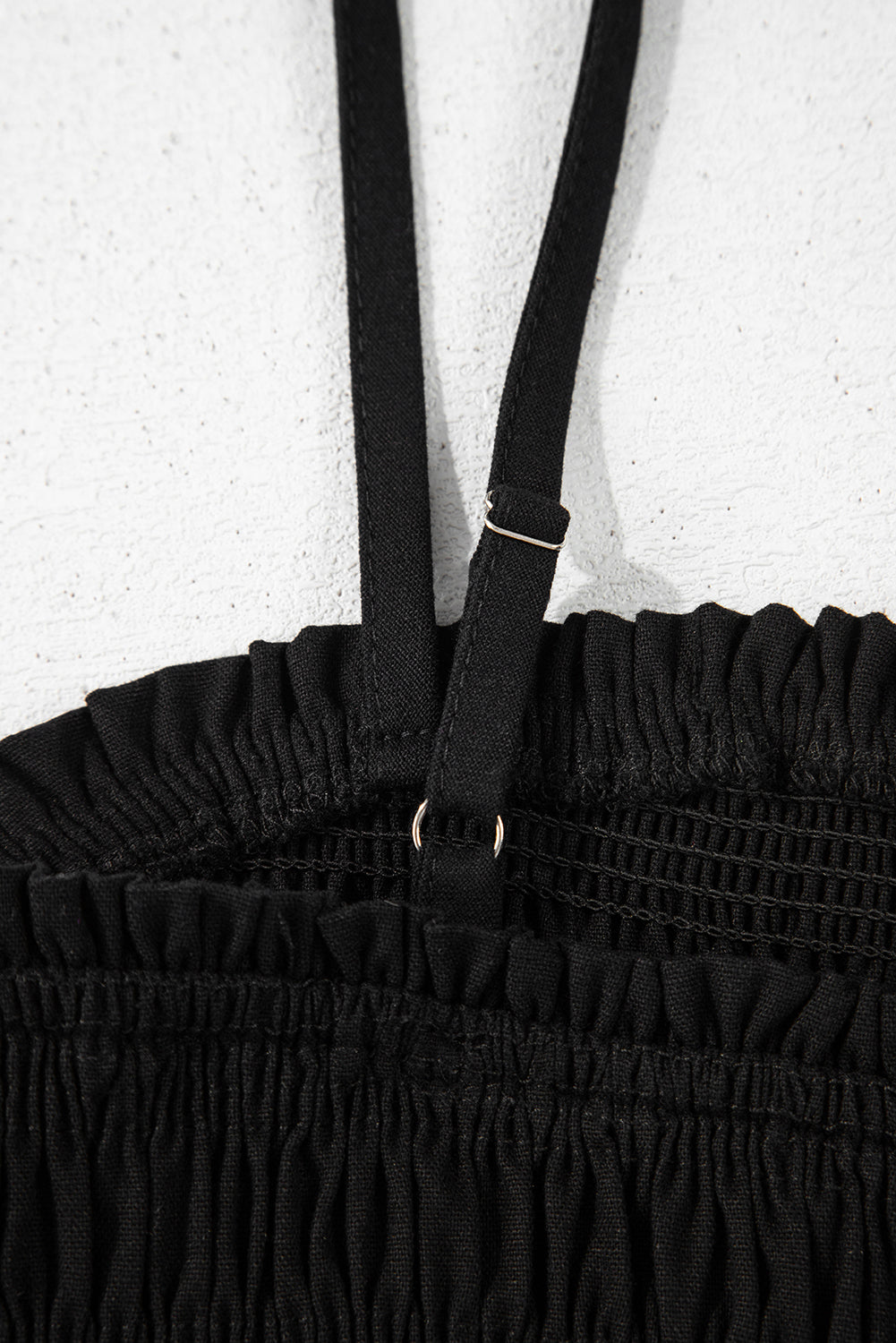 Black Spaghetti Straps Shirred Bodice Pocketed Wide Leg Jumpsuit eAura