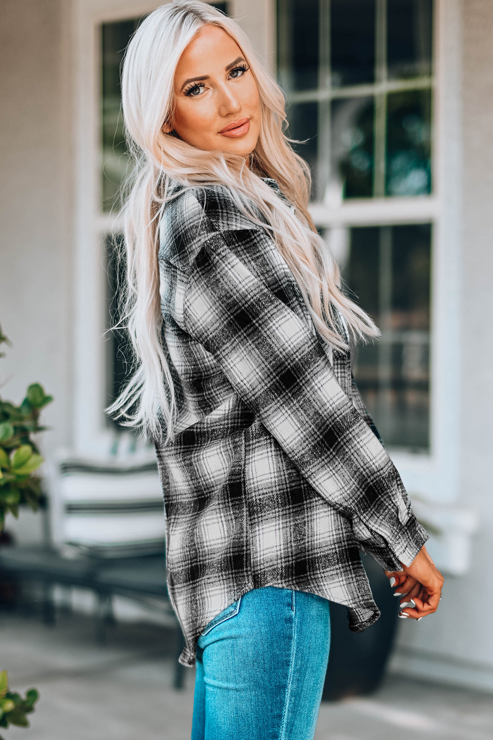 Brown Buttons Pocketed Plaid Shacket BB Fashion Outlet