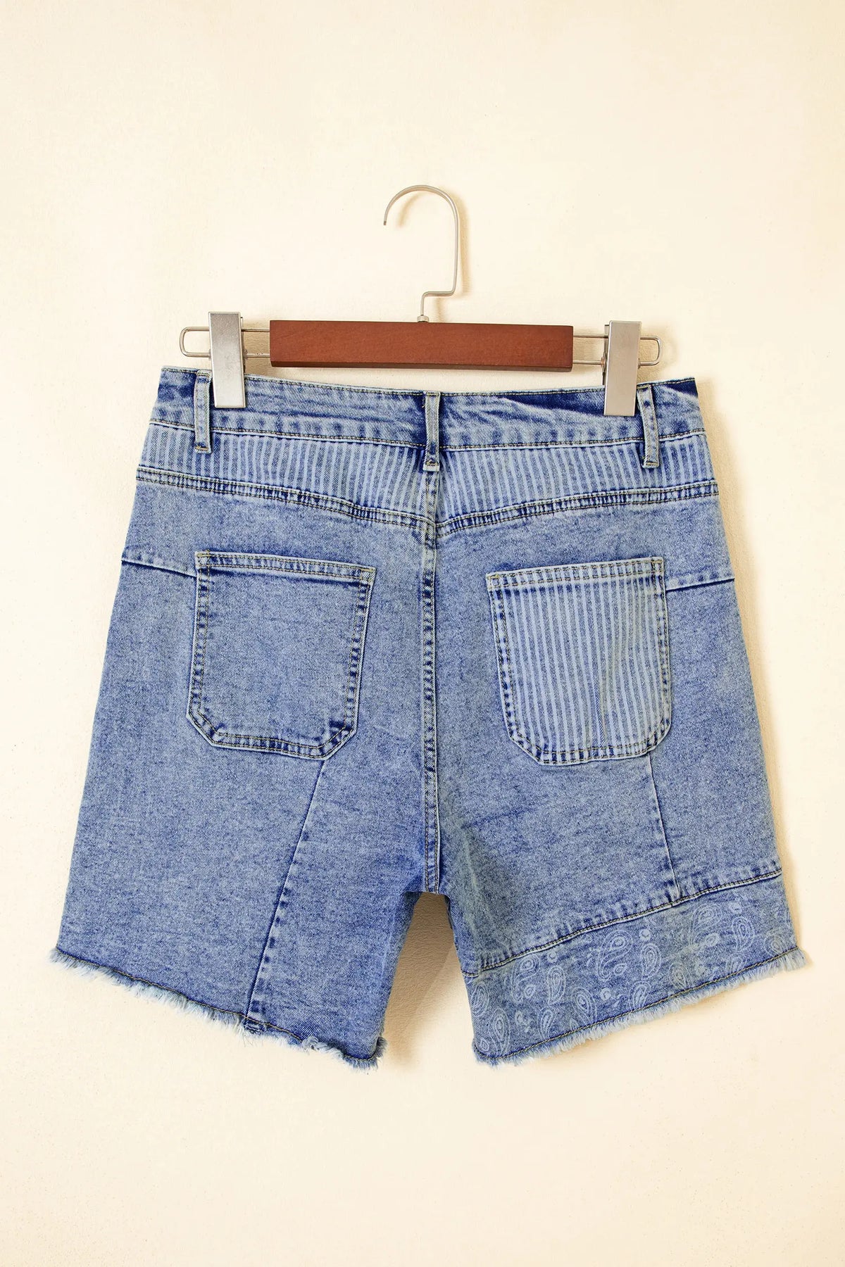 Striped Paisley Mixed Patchwork Raw Hem Denim Shorts – Sky Blue