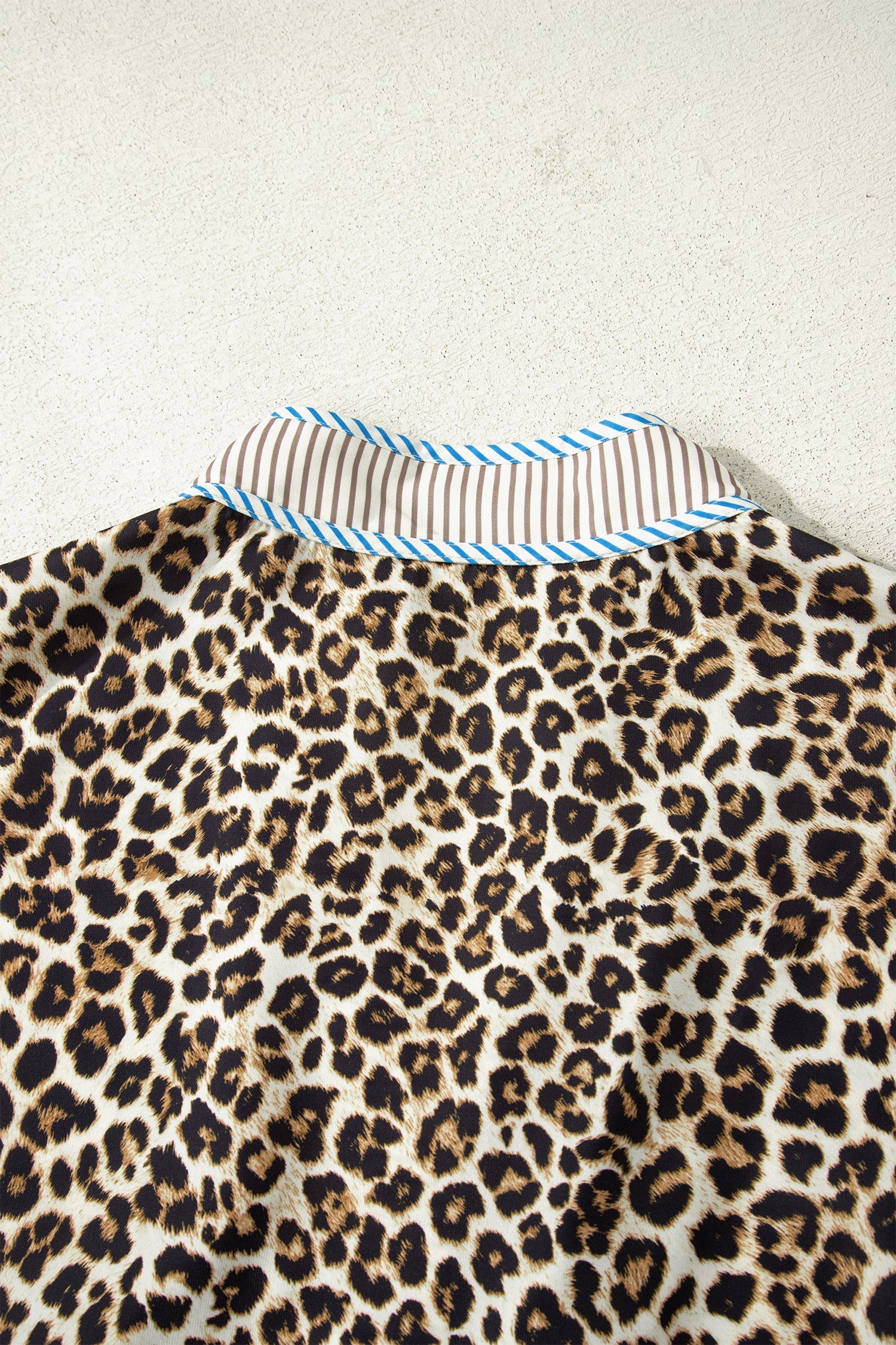 Plus Size Leopard Print Striped Trim V-Neck Drop Waist Long Sleeve Mini Dress - eAura