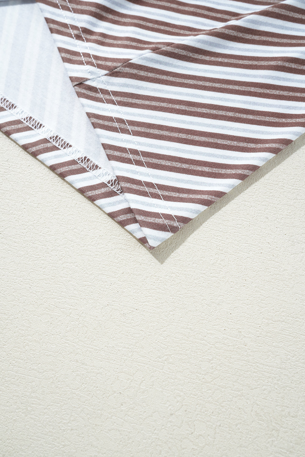 Chestnut Striped Stand V Neck Short Sleeve Blouse eAura