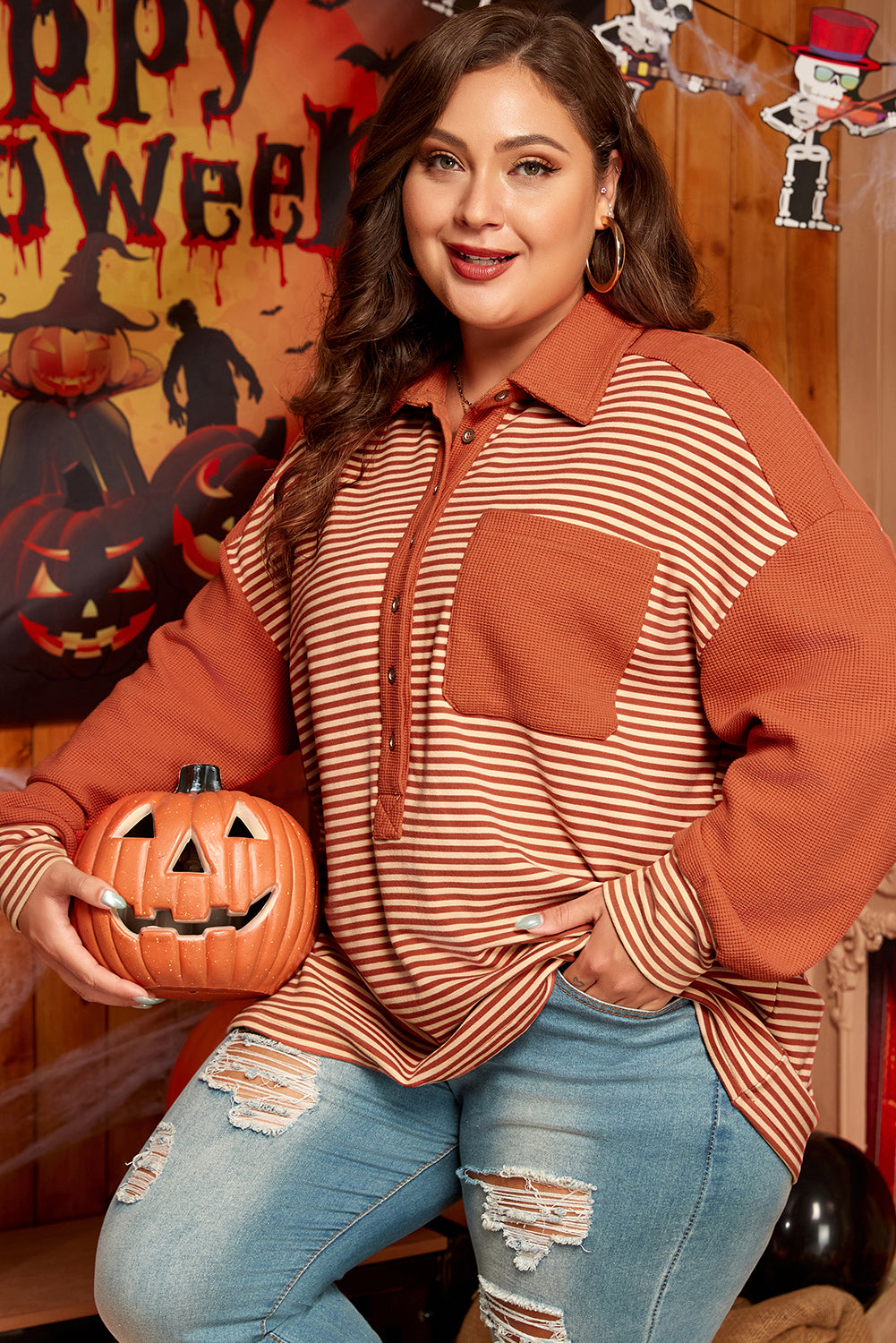 Red Stripe Textured Patched Drop Shoulder Buttoned Plus Size Sweatshirt BB Fashion Outlet