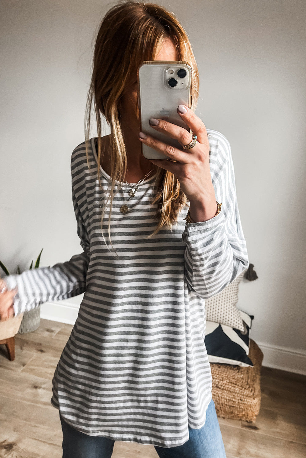 Gray Stripe Drop Sleeve Round Neck Oversized Long Sleeve Top Beagle Boutique Fashion Outlet