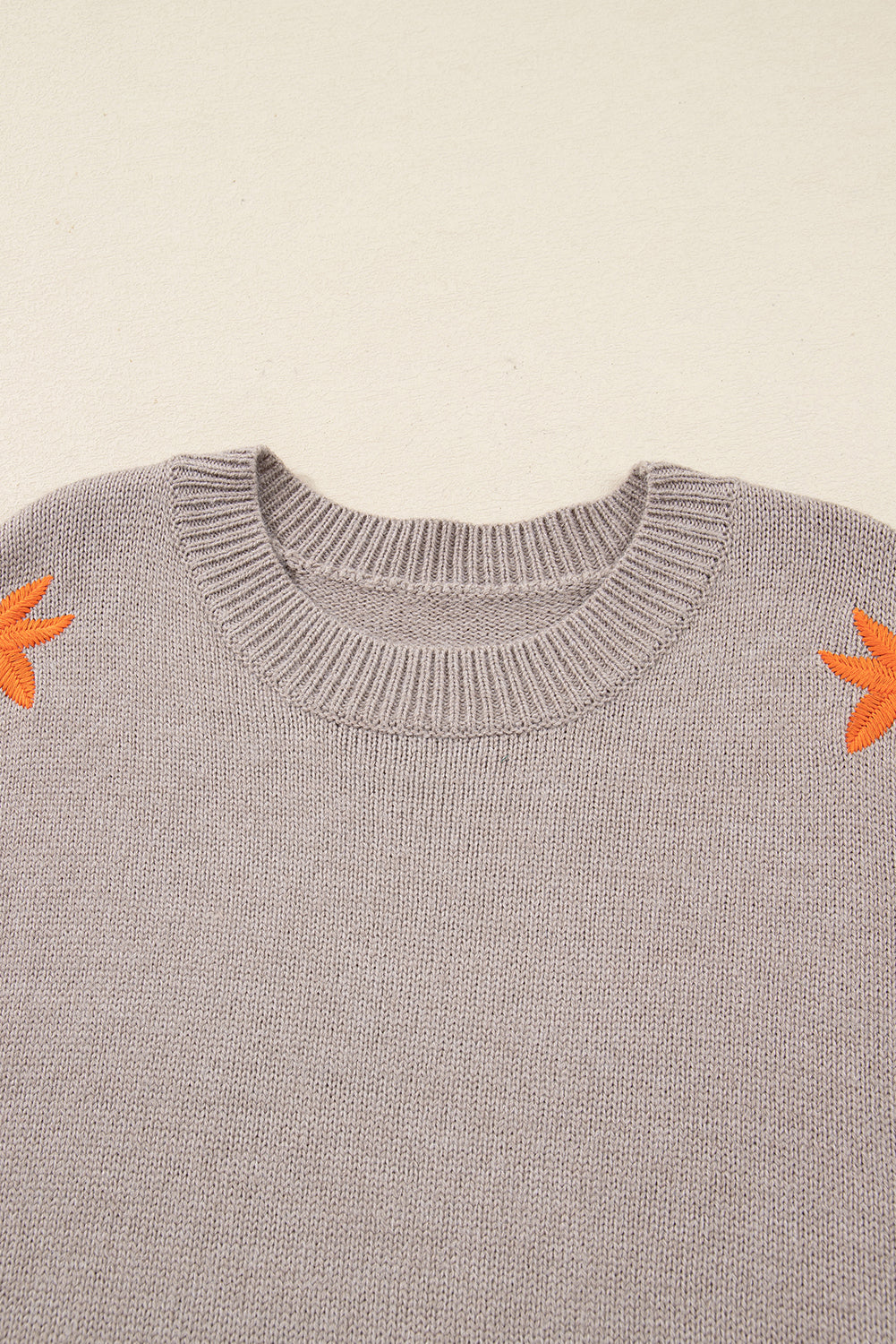 Embroidered Floral Sleeve Round Neck Loose Sweater - eAura