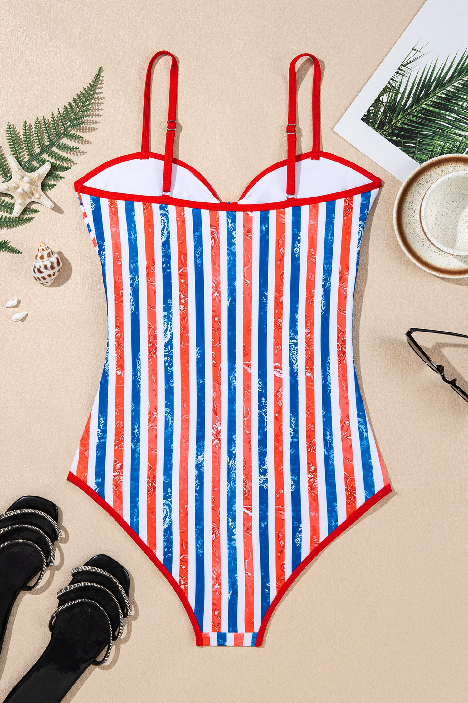 Stars & Stripes Floral Cutout Spaghetti Strap One-Piece Swimsuit