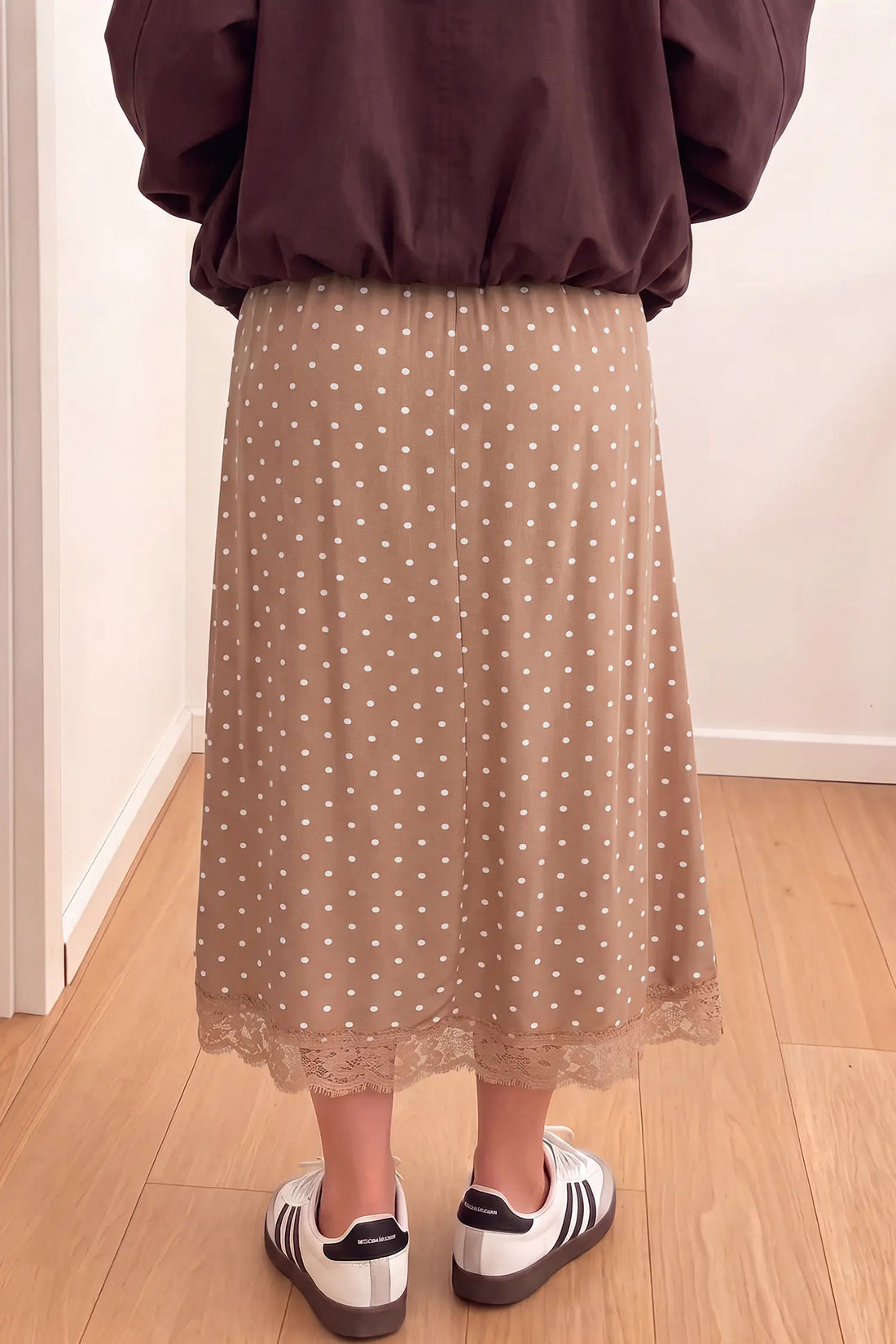Polka Dot Lace Hem Elegant Long Shift Skirt – Khaki