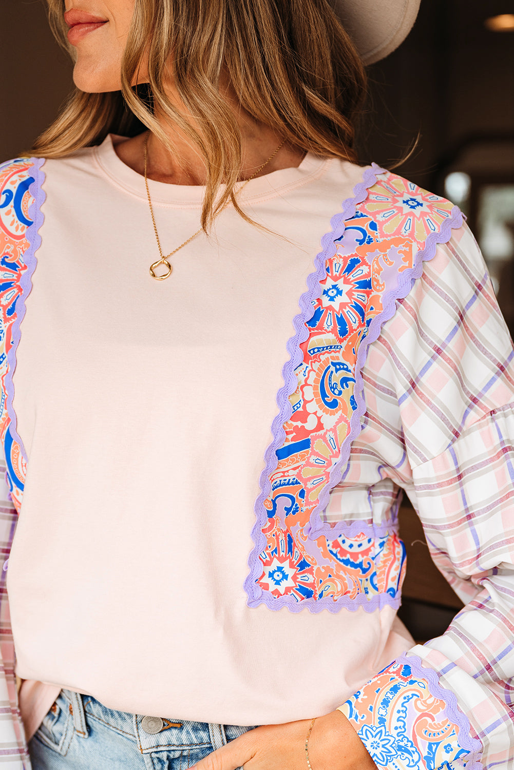 Ricrac Trim Floral Plaid Patchwork Puff Sleeve Blouse - eAura