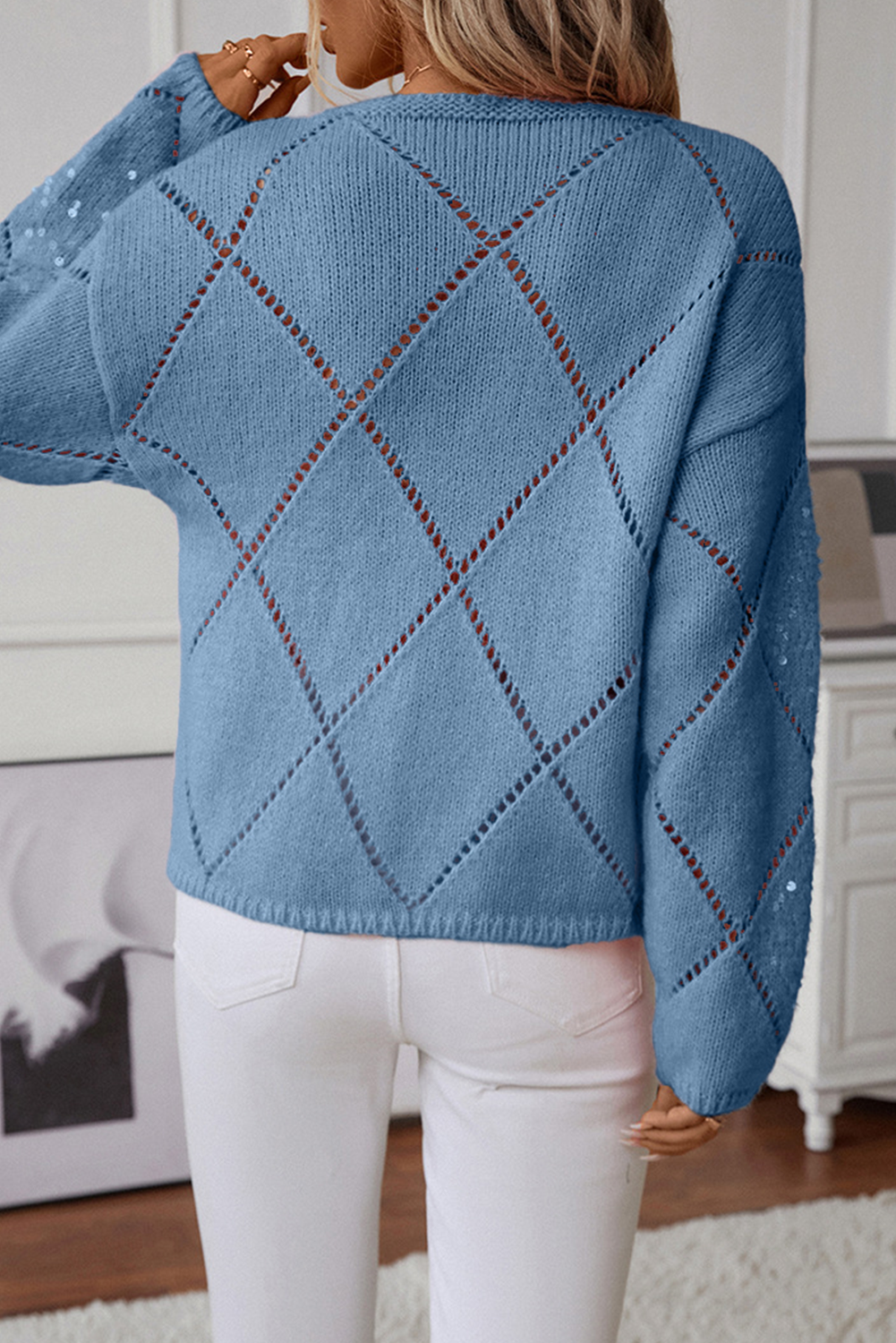 Hollowed Rhombus Pattern Sequin Detail Round Neck Sweater eAura