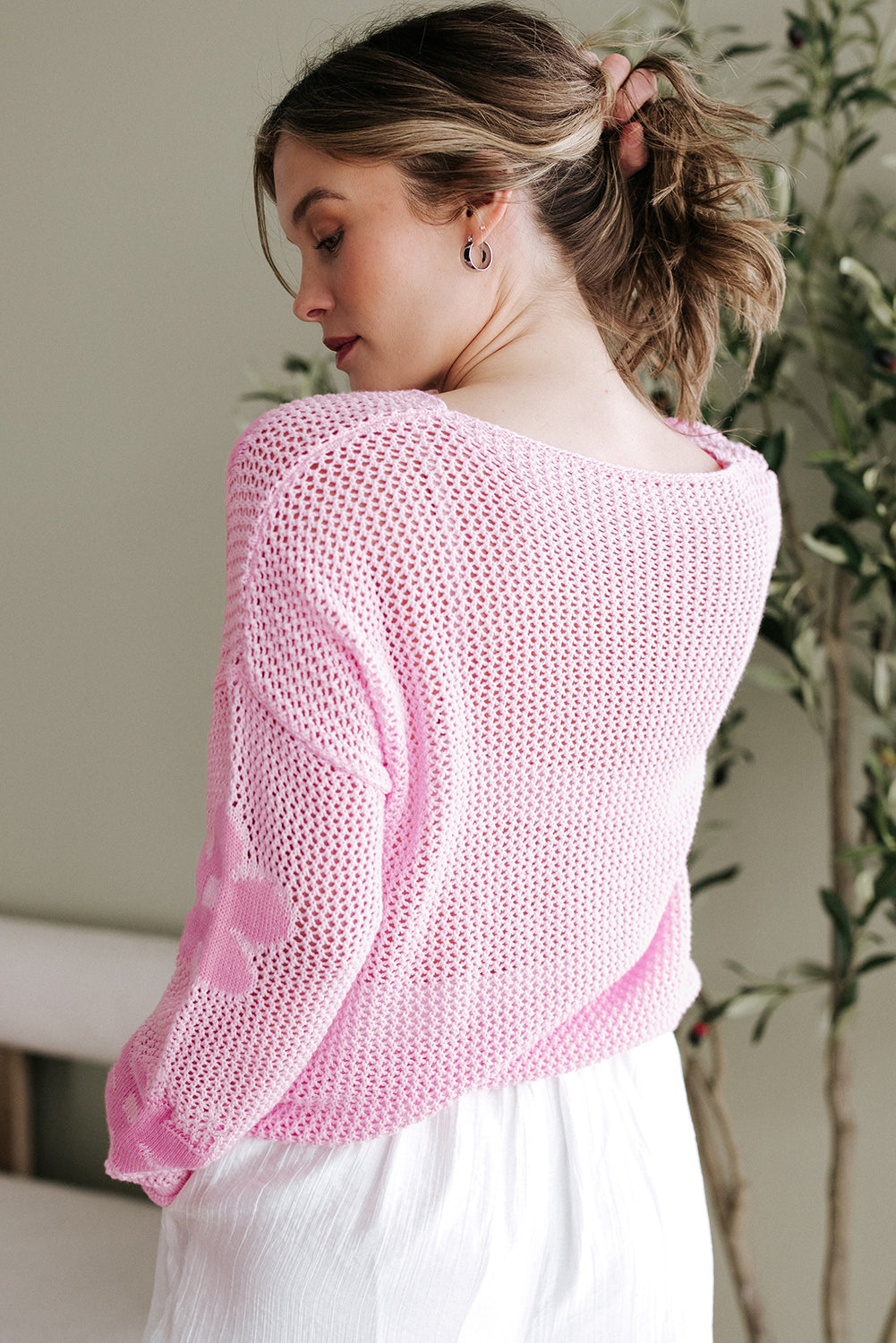 Light Pink Big Flower Hollowed Knit Drop Shoulder Sweater eAura