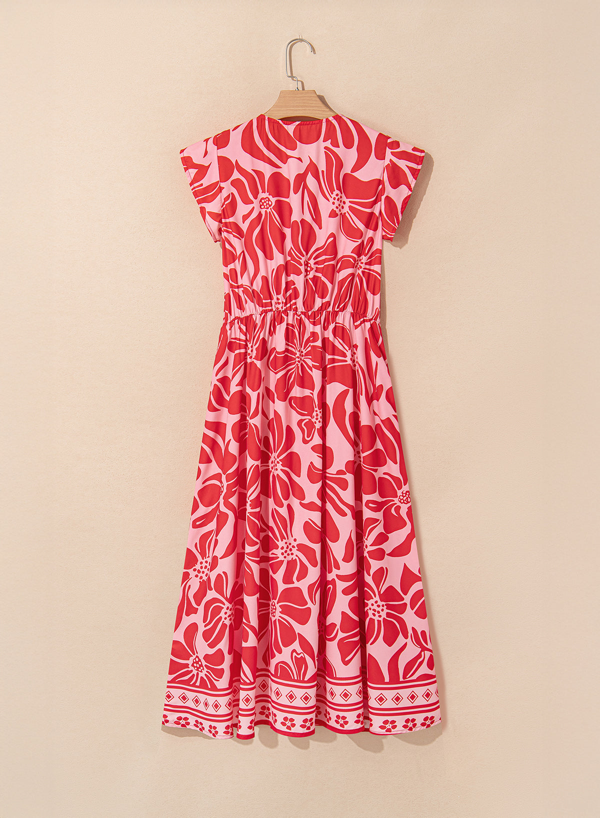 Floral Short Sleeve V-Neck Buttoned Shirred Waist Long Dress - eAura