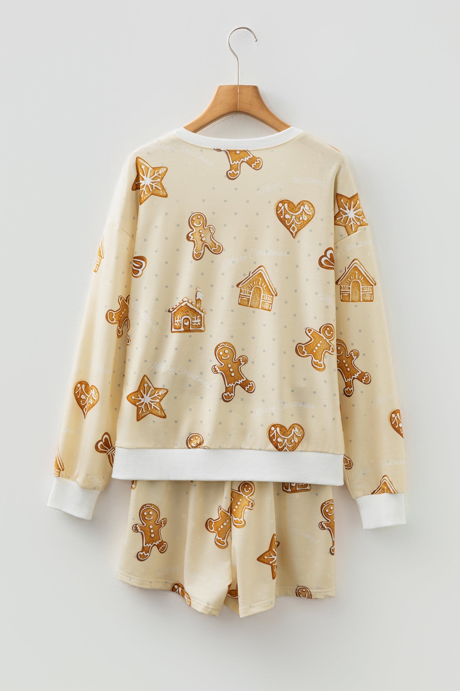 Beige Gingerbread Man Christmas Print Long Sleeve Pullover Lounge Short Set - Loungewear & Sleepwear/Loungewear