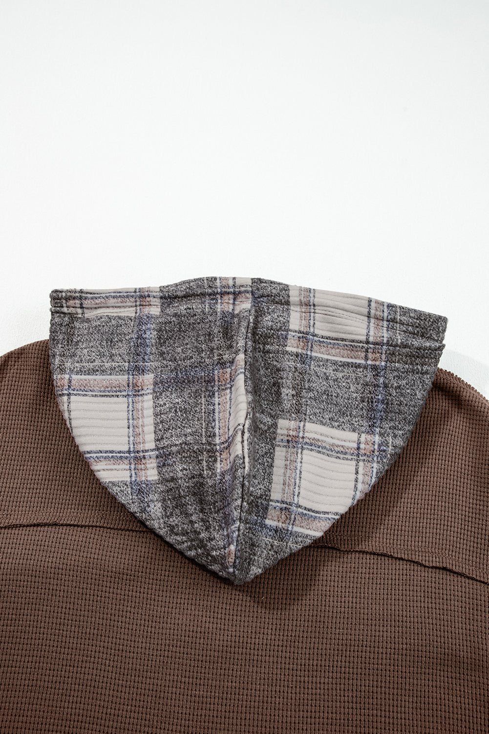 Plaid Patchwork Button Down Drawstring Hooded Shacket - eAura