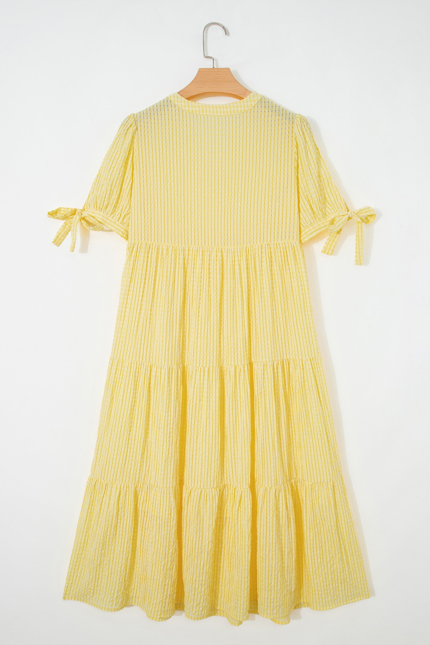 Gingham Textured Bow Tie Sleeve Tiered Midi Dress with Pockets
