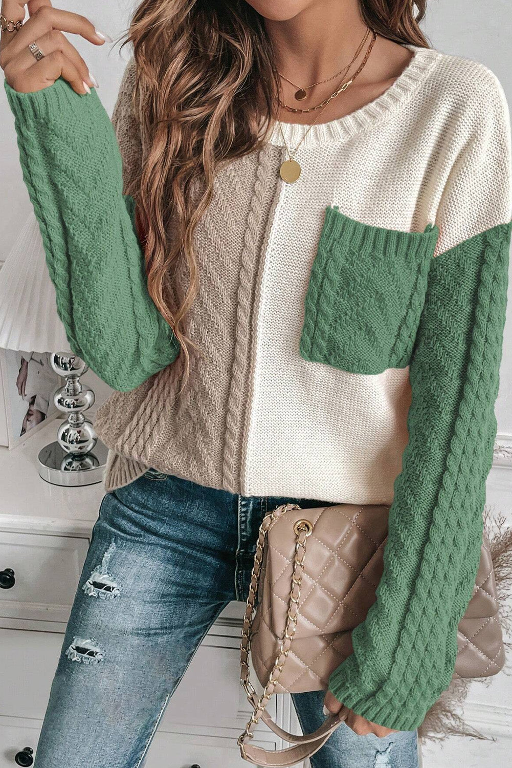 Rose Tan Colourblock Patched Pocket Drop Shoulder Sweater eAura