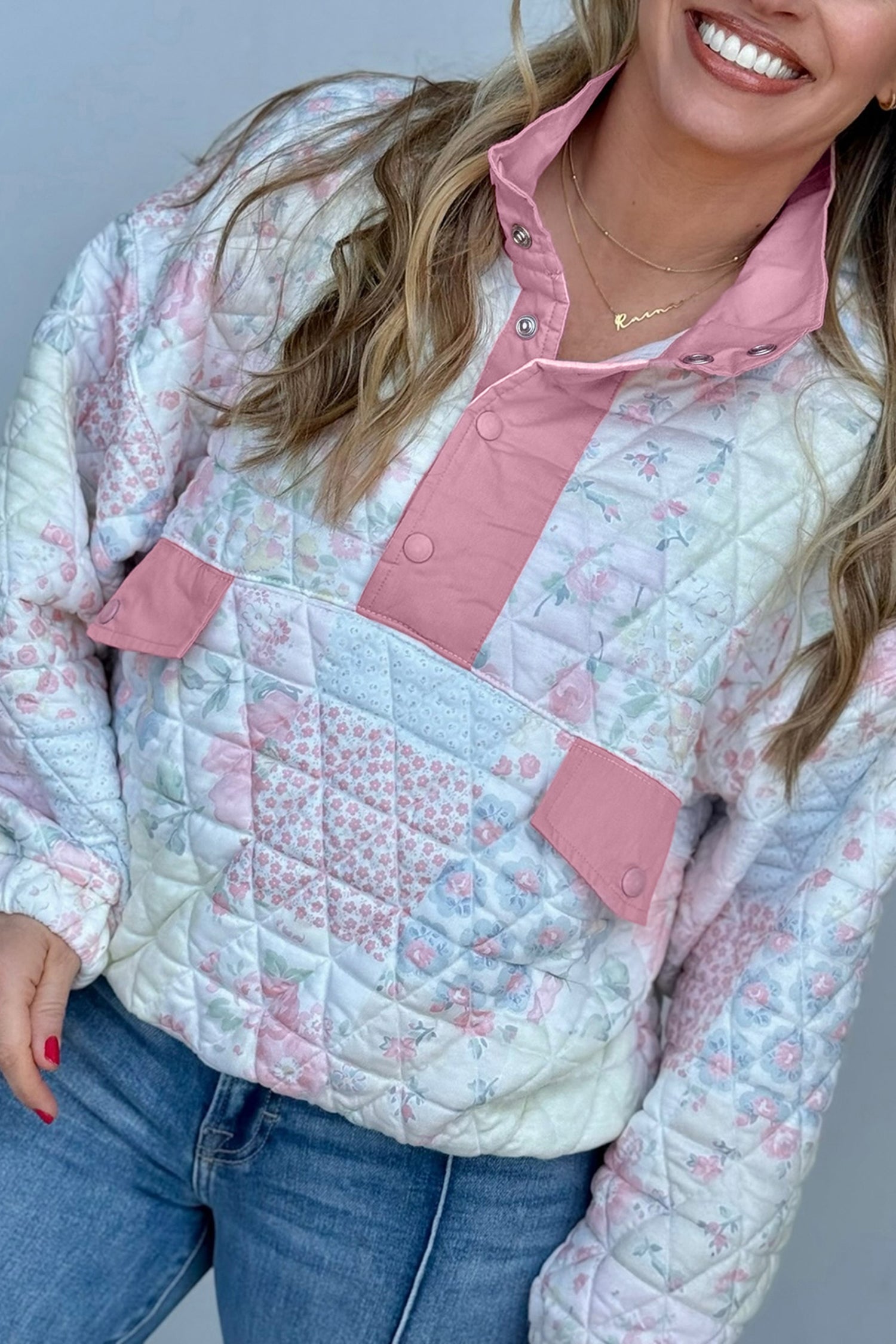 Floral Quilted V-Neck Plus Size Fake Pocket Sweatshirt – Pink