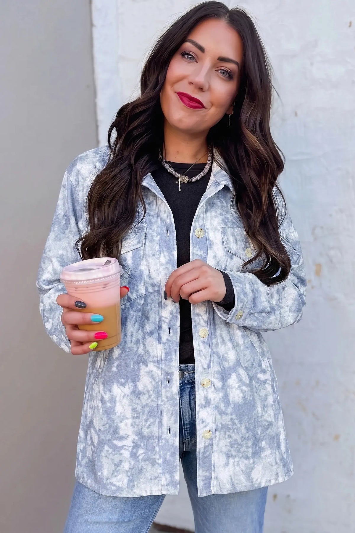 Tunic jacket with fuzzy collar, long sleeves and patch pockets