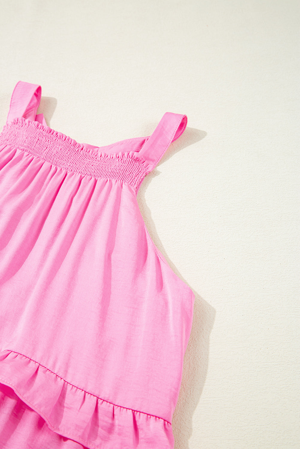 Pink Smocked Neck Knot Back Frilly Tiered Sleeveless Mini Dress BB Fashion Outlet