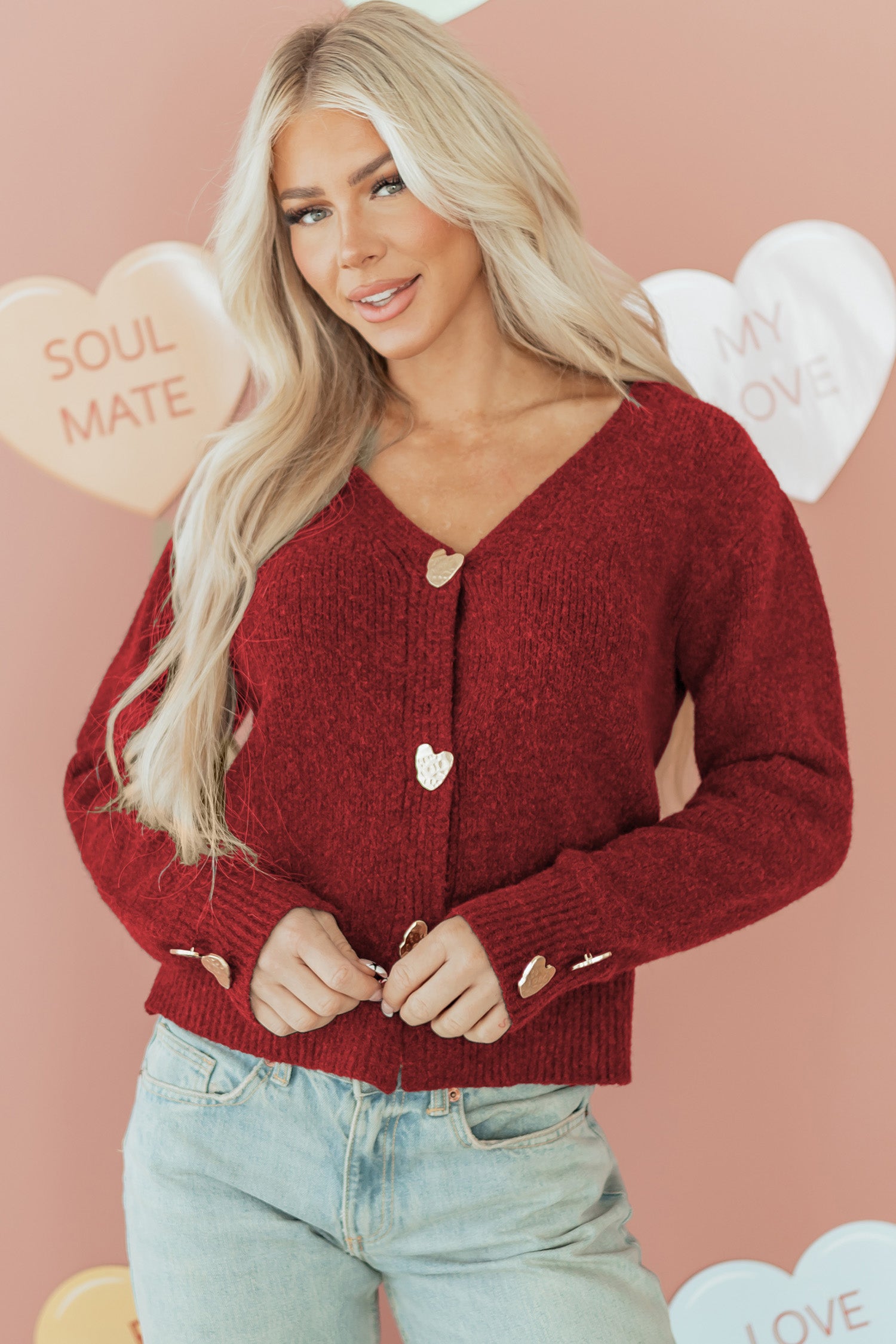 Heart Metal Button V-Neck Cardigan