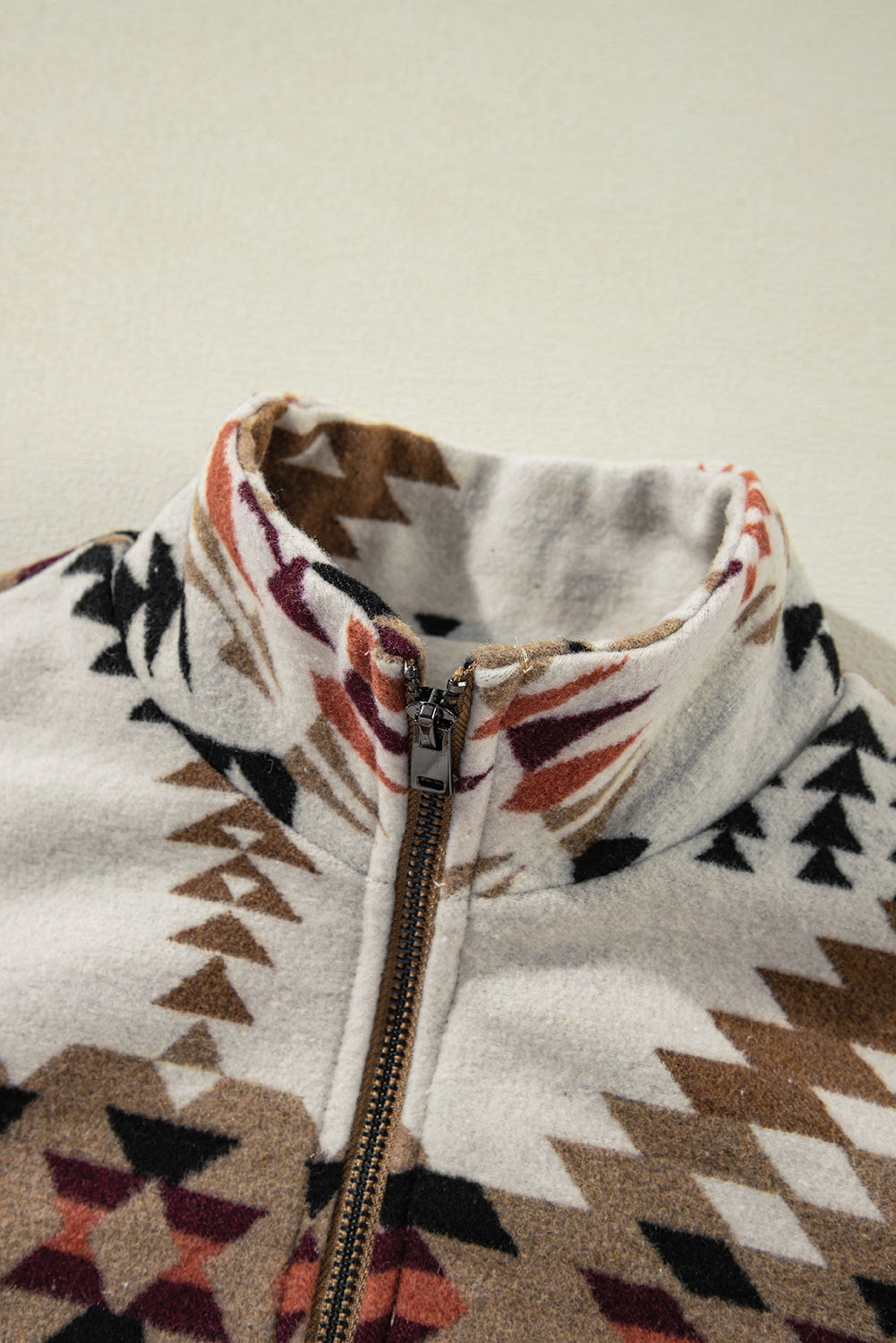 Beige Aztec Printed Stand Neck Zip Up Jacket eAura
