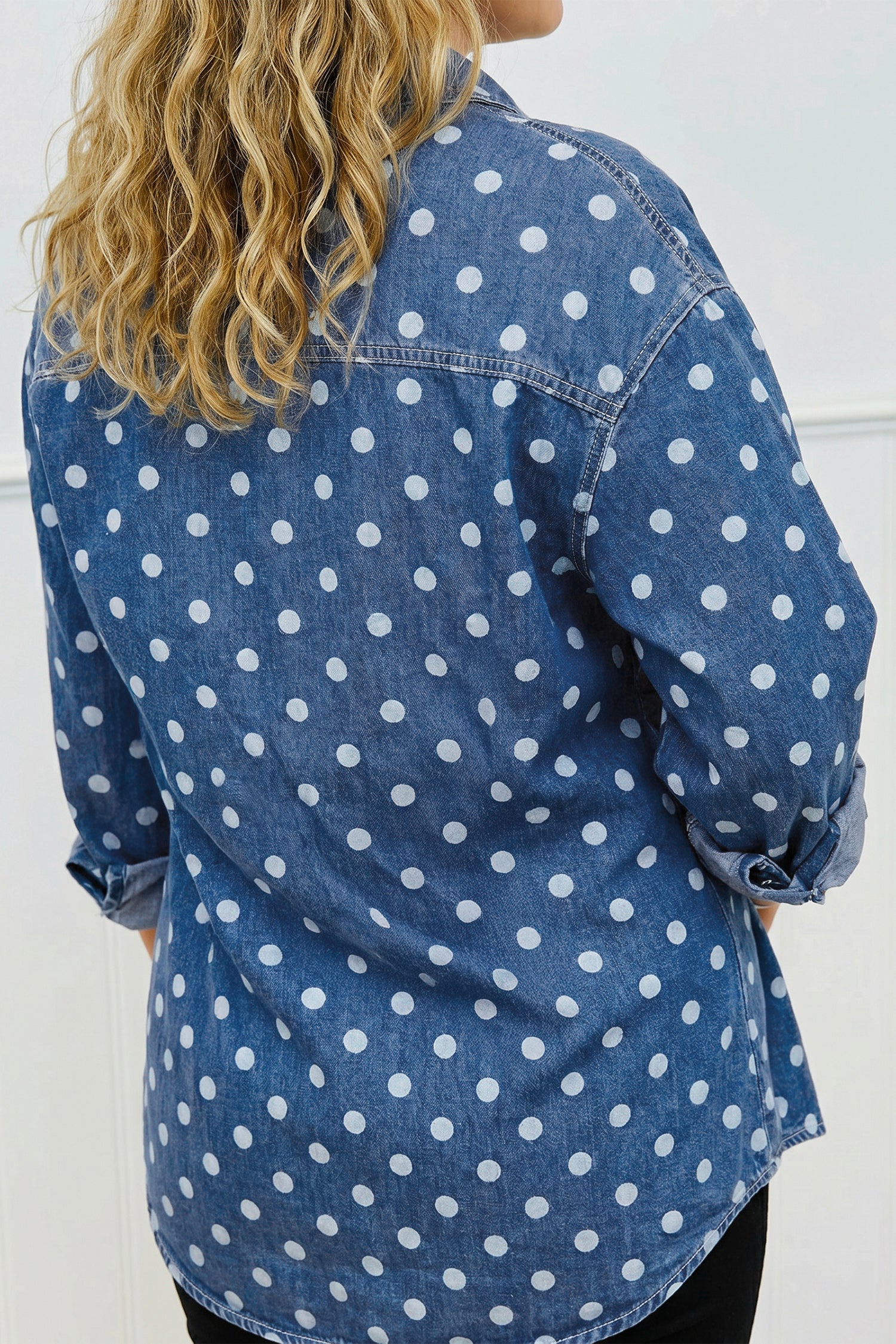 Polka Dot Long Sleeve Collar Shift Tunic Denim Jacket – Blue